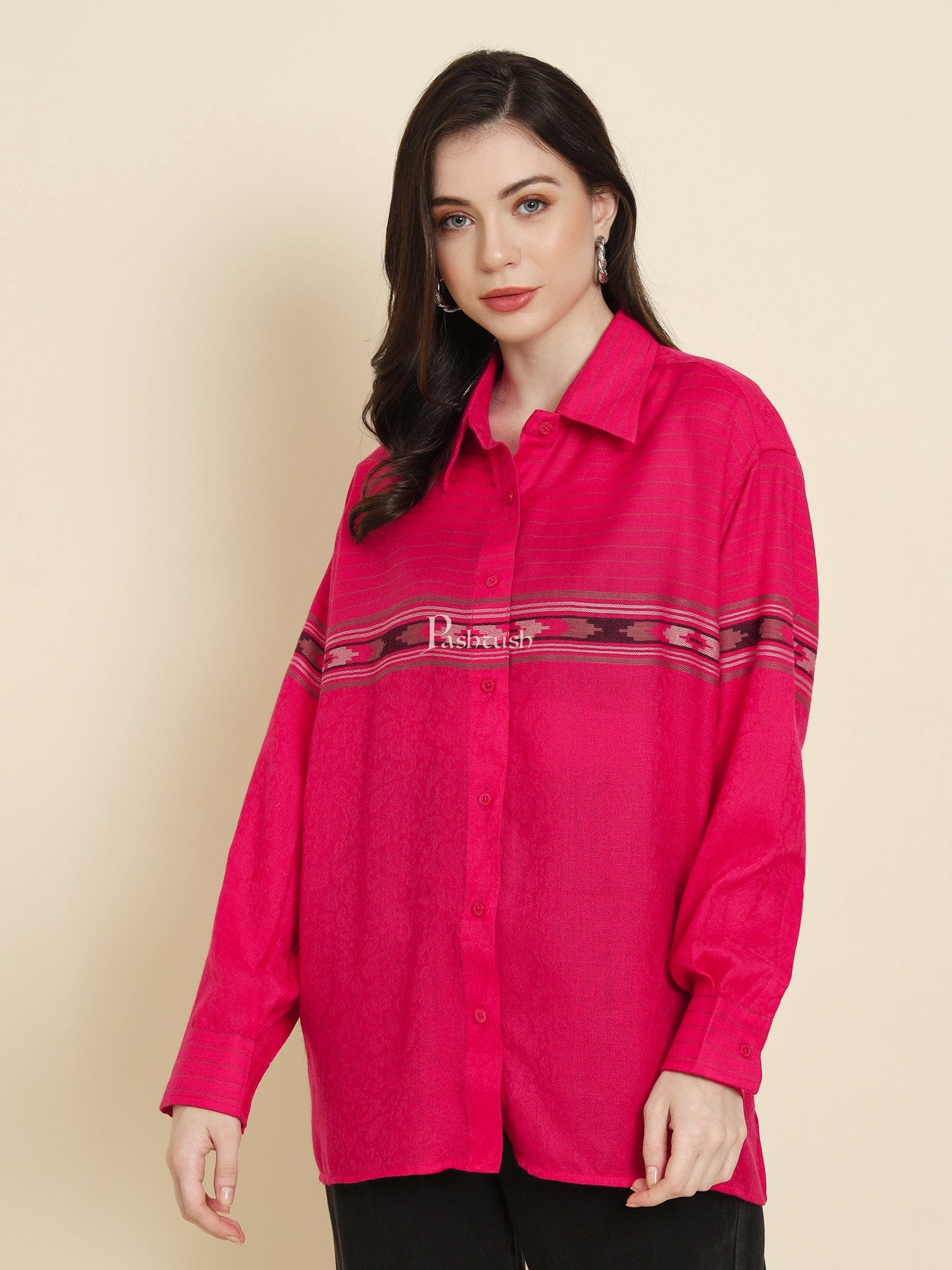 Pashtush Womens Oversized Casual Woollen Shirt, Hot Pink