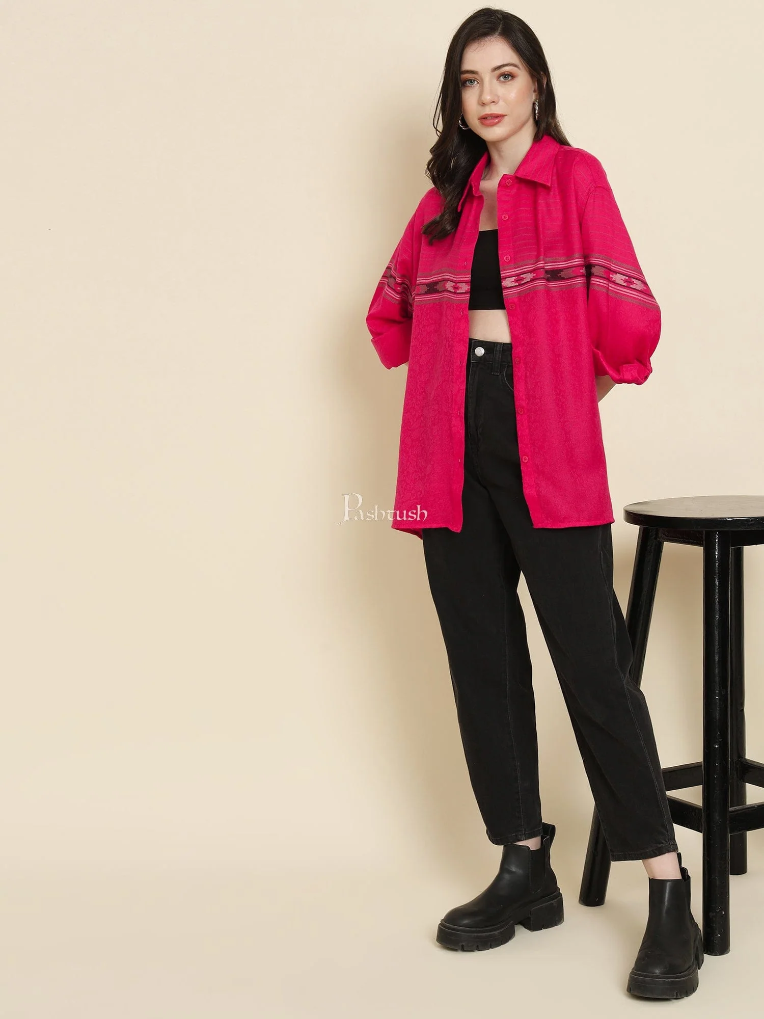 Pashtush Womens Oversized Casual Woollen Shirt, Hot Pink - Image 2