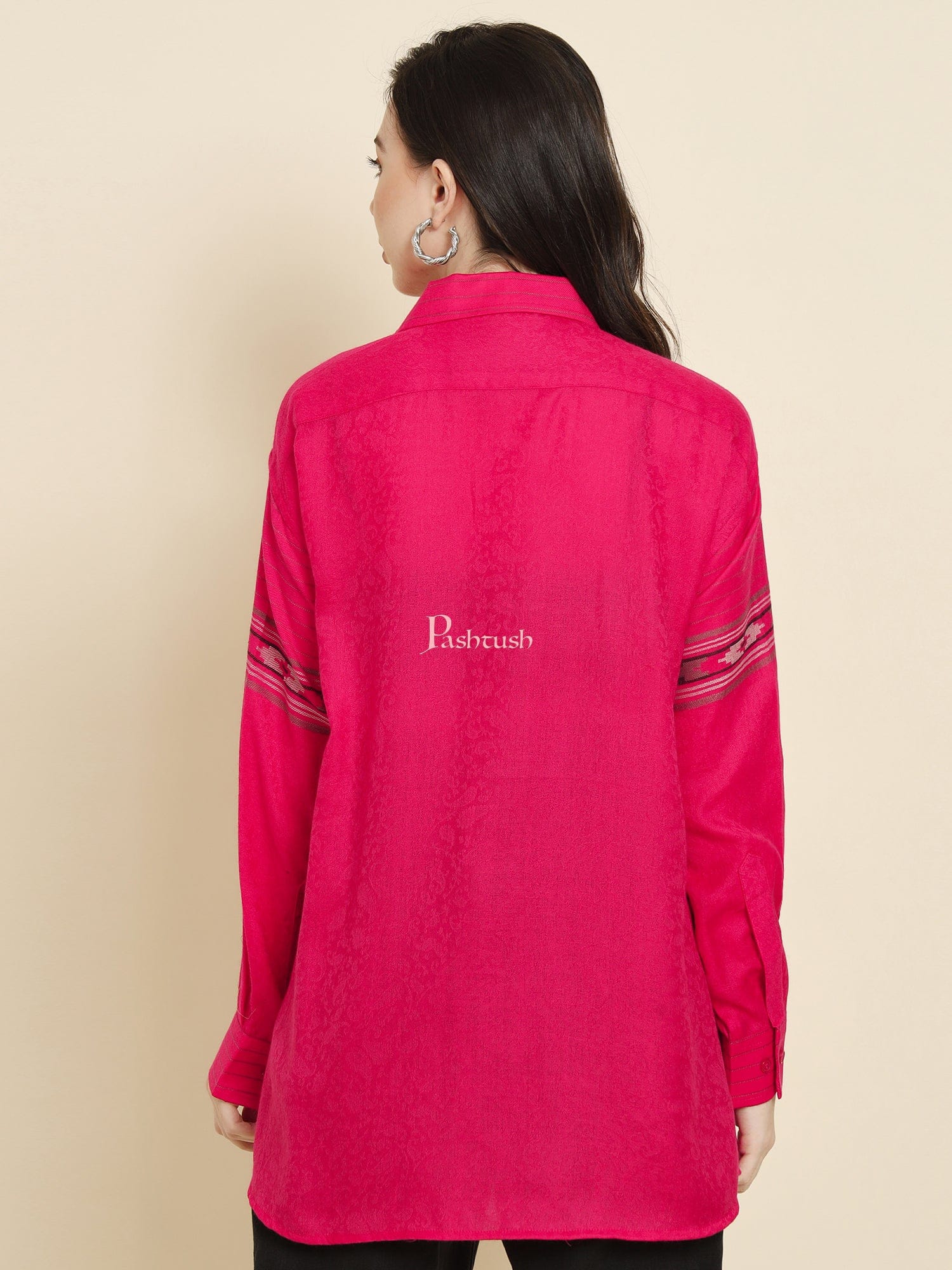 Pashtush Womens Oversized Casual Woollen Shirt, Hot Pink - Image 3