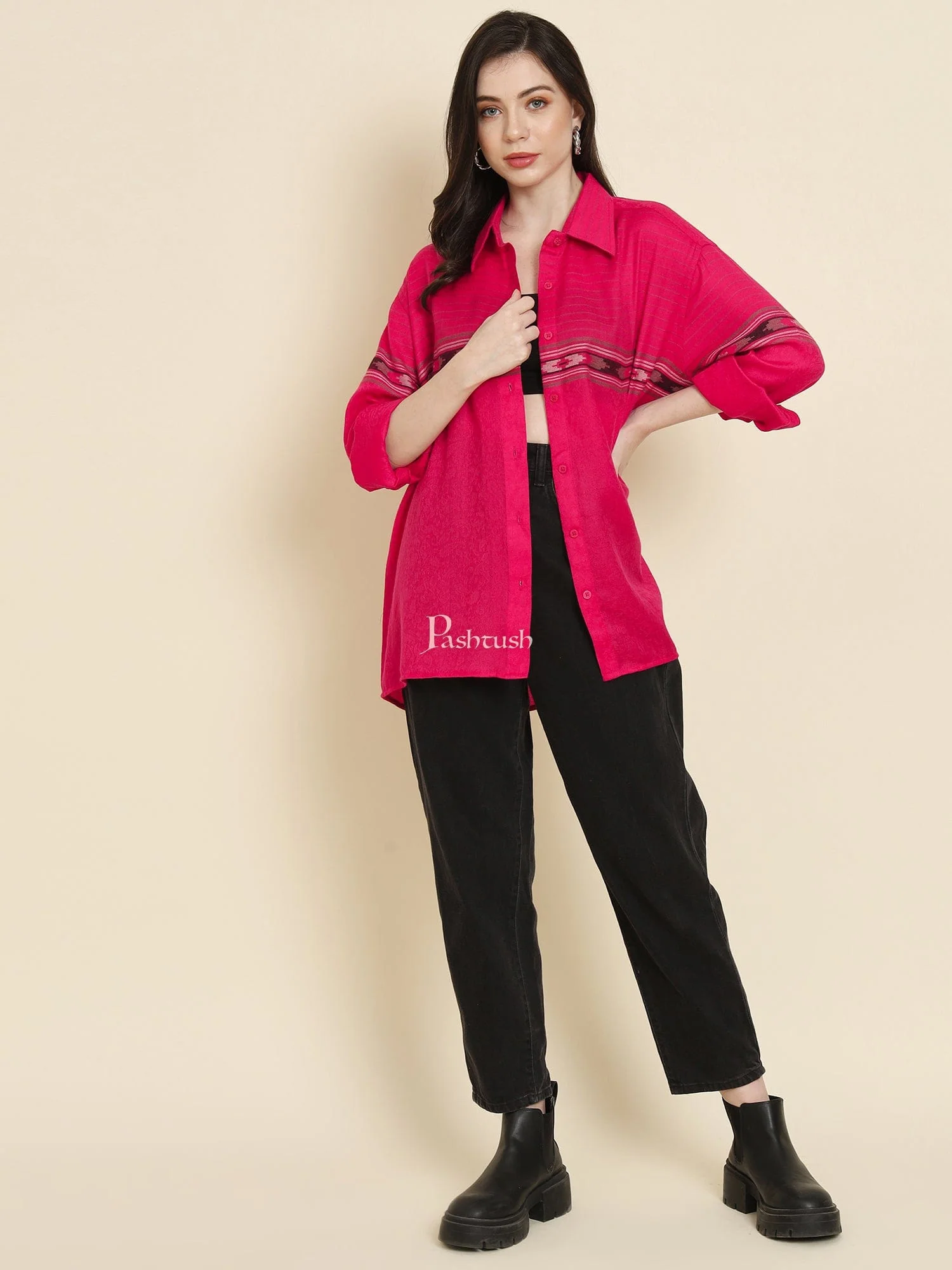 Pashtush Womens Oversized Casual Woollen Shirt, Hot Pink - Image 4