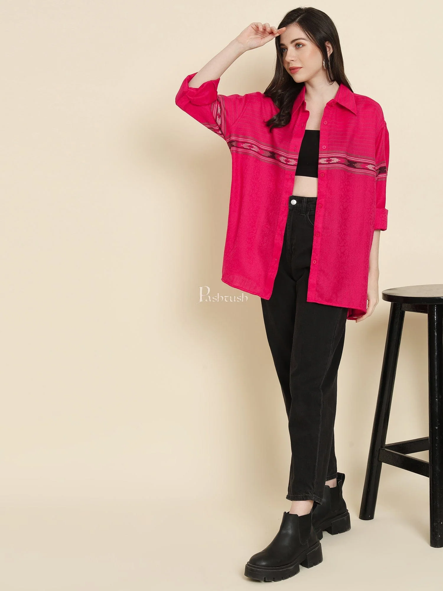 Pashtush Womens Oversized Casual Woollen Shirt, Hot Pink - Image 5