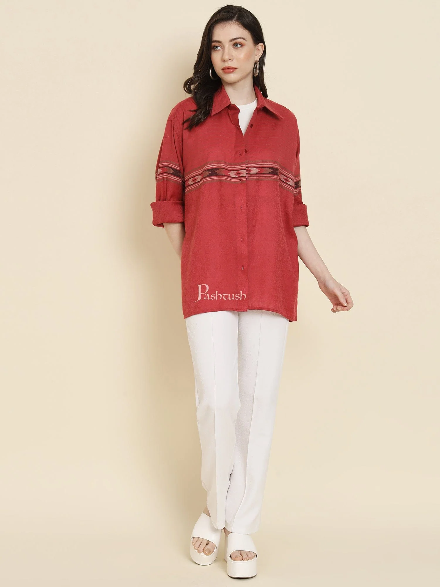 Pashtush Womens Oversized Casual Woollen Shirt, Persian Red - Image 5