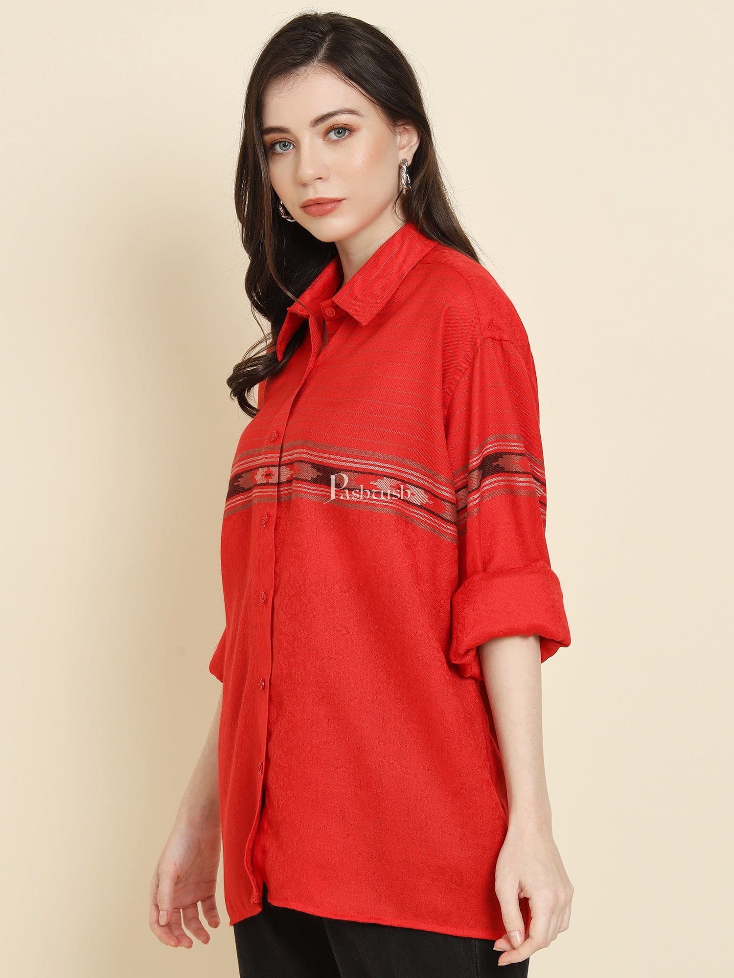 Pashtush Womens Oversized Casual Woollen Shirt, Red - Image 5