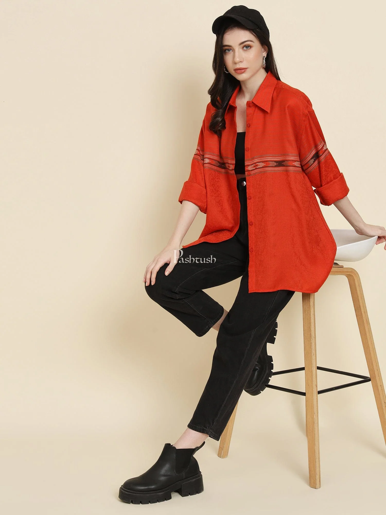 Pashtush Womens Oversized Casual Woollen Shirt, Scarlet Red - Image 4