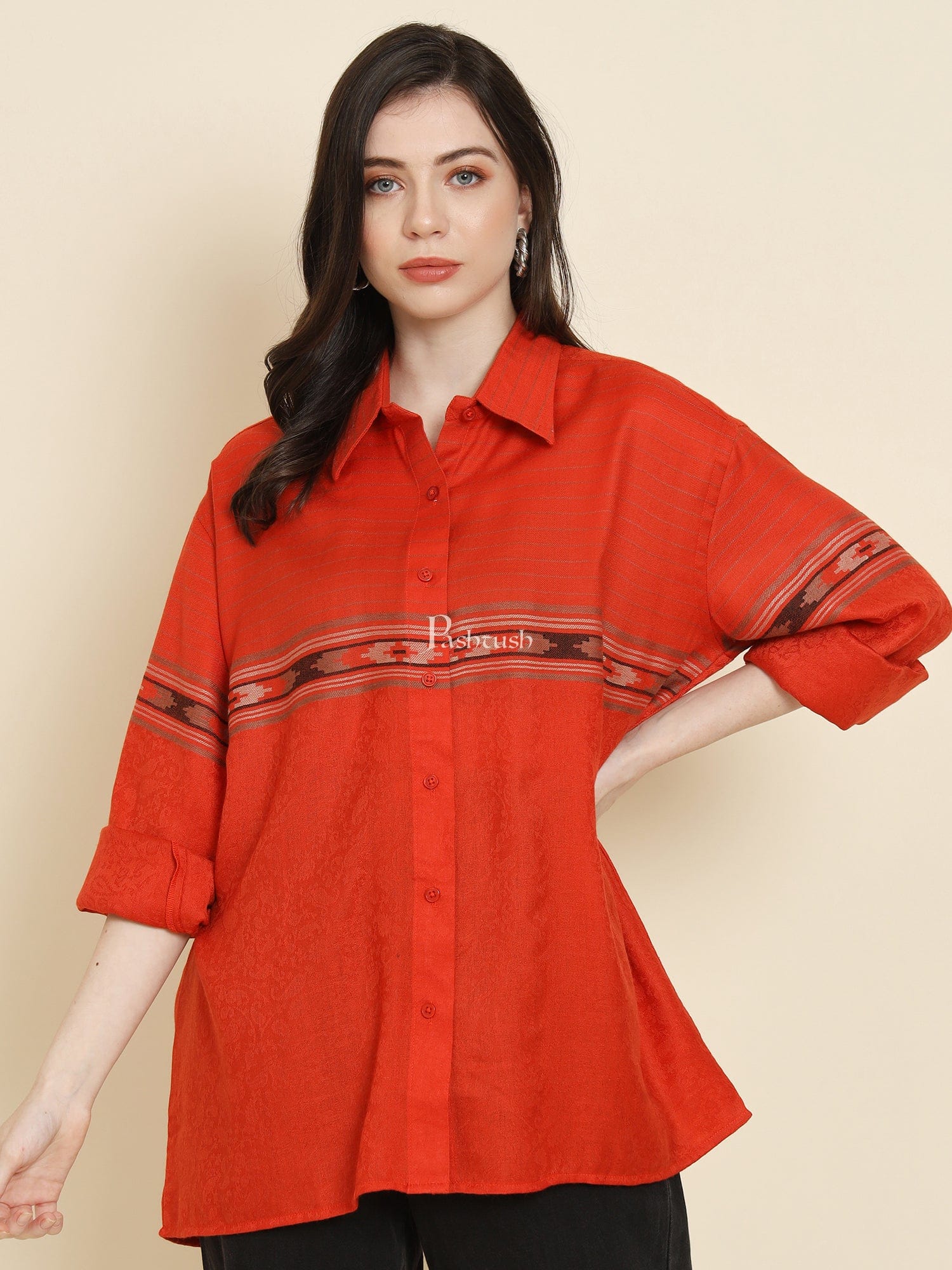 Pashtush Womens Oversized Casual Woollen Shirt, Scarlet Red - Image 5