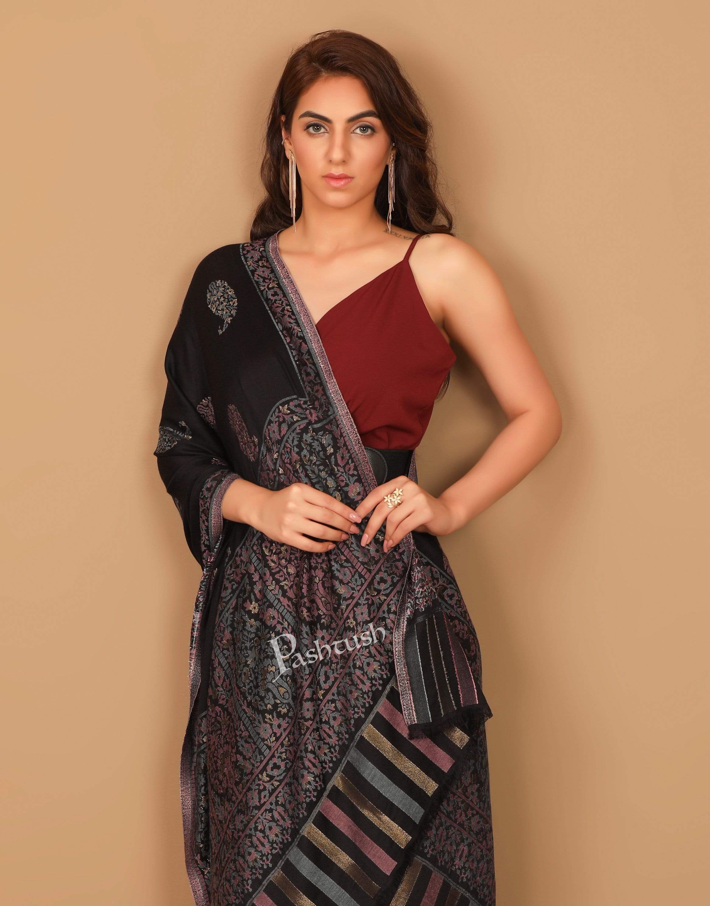 Pashtush Women'S Paisley Design, Soft Bamboo Scarf, Golden Zari Thread Weave - Image 5