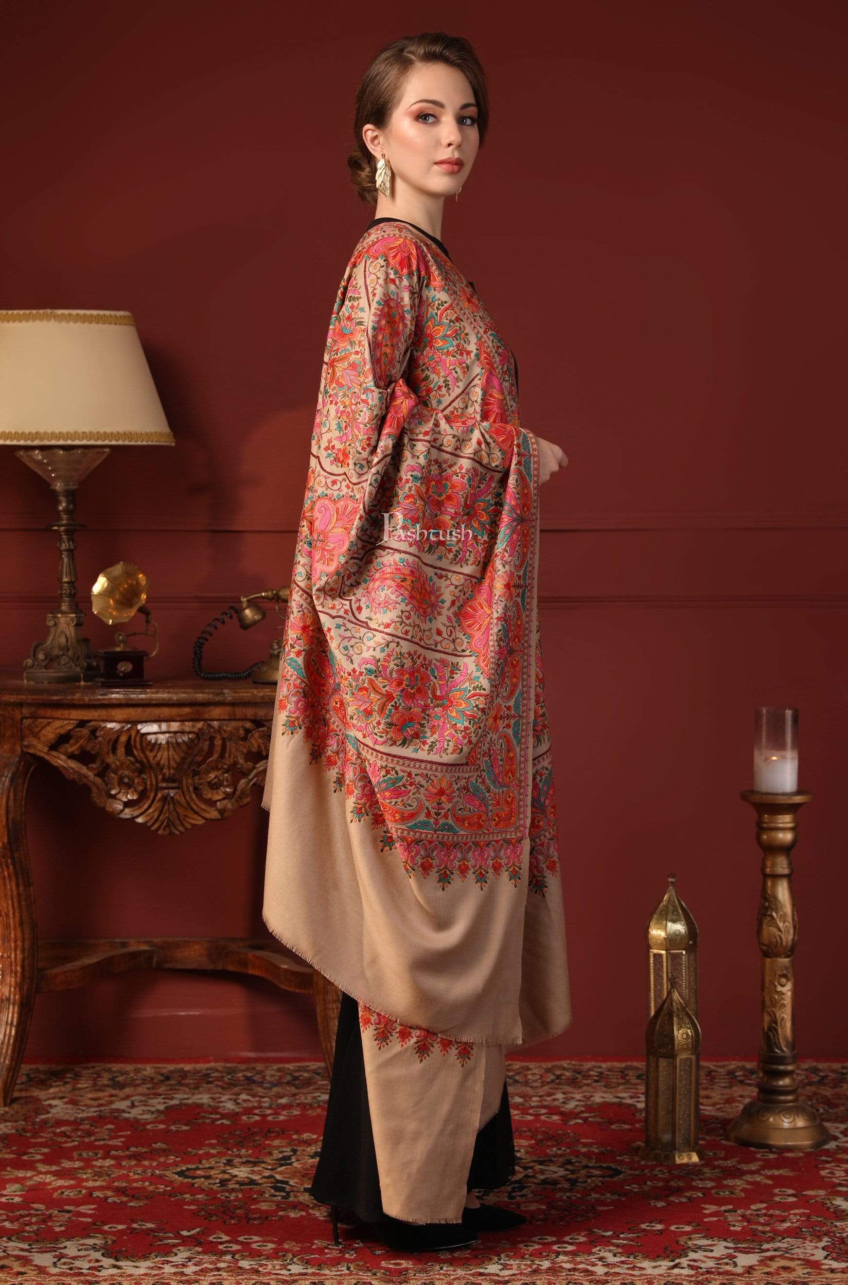 Pashtush Womens Papier-MâChé Embroidered Shawl, Fine Wool With Silky Embroidery - Image 3