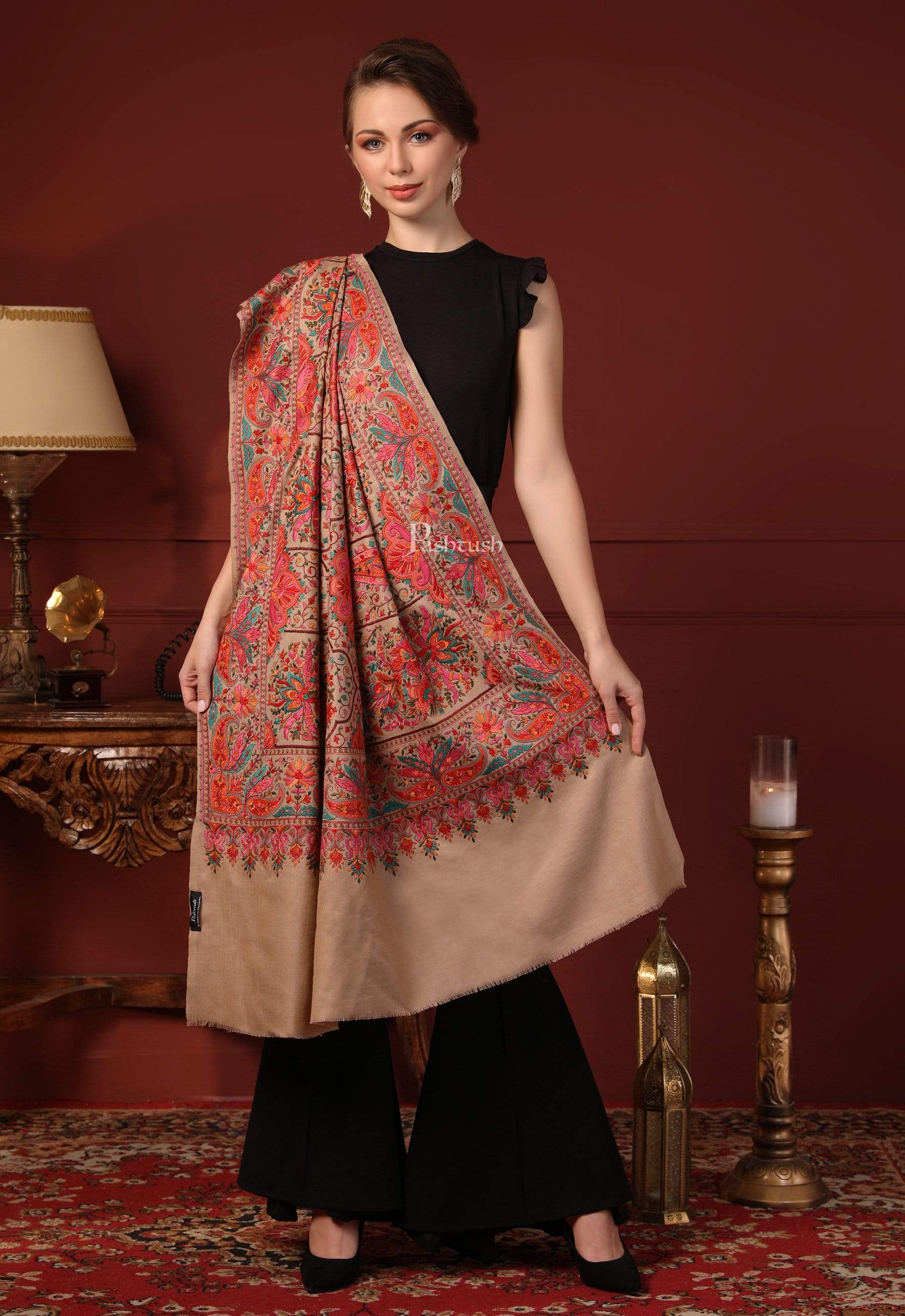 Pashtush Womens Papier-MâChé Embroidered Shawl, Fine Wool With Silky Embroidery - Image 6