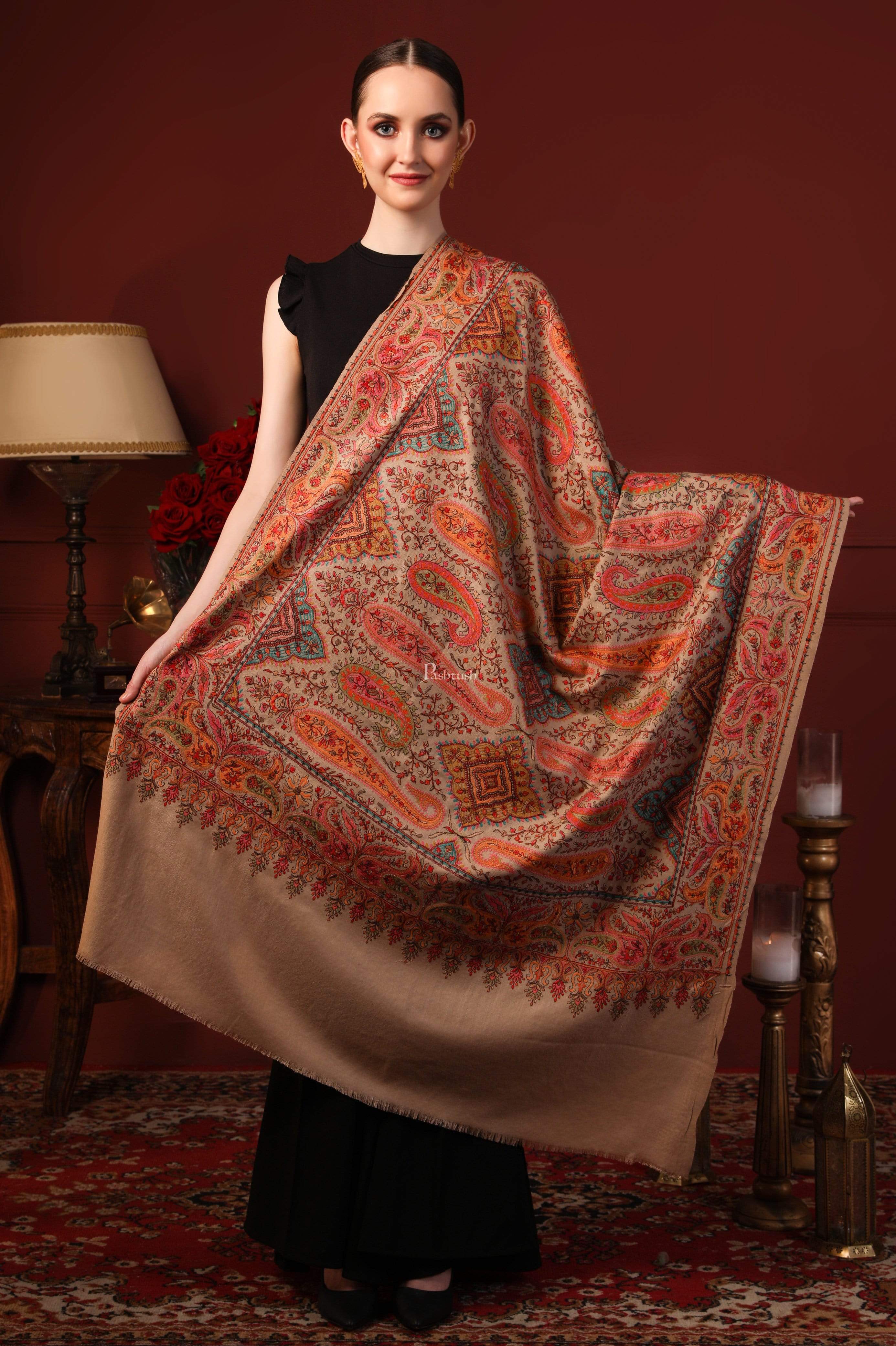 Pashtush Womens Papier-MâChé Embroidered Shawl, Fine Wool With Silky Embroidery, Beige