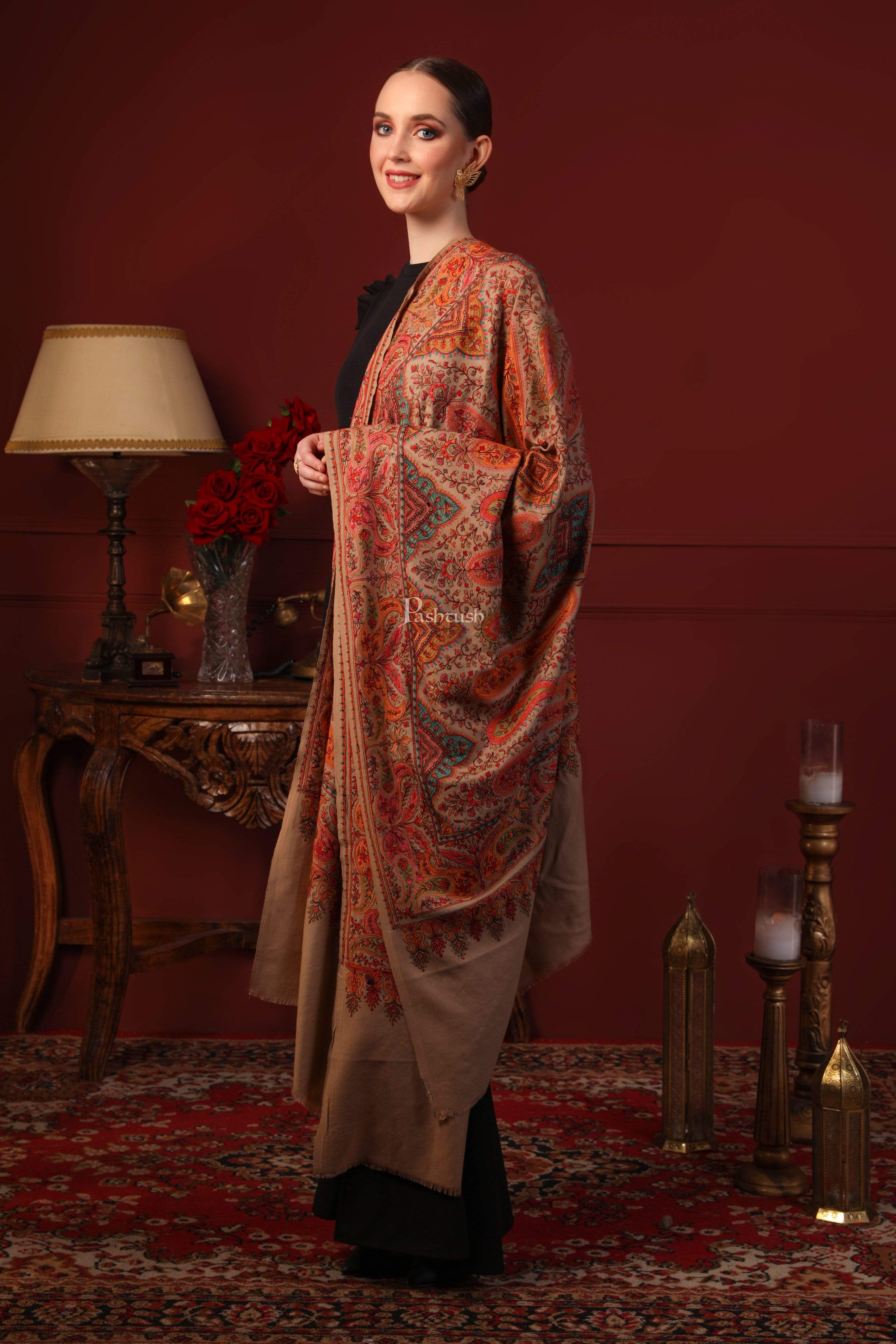 Pashtush Womens Papier-MâChé Embroidered Shawl, Fine Wool With Silky Embroidery, Beige - Image 3
