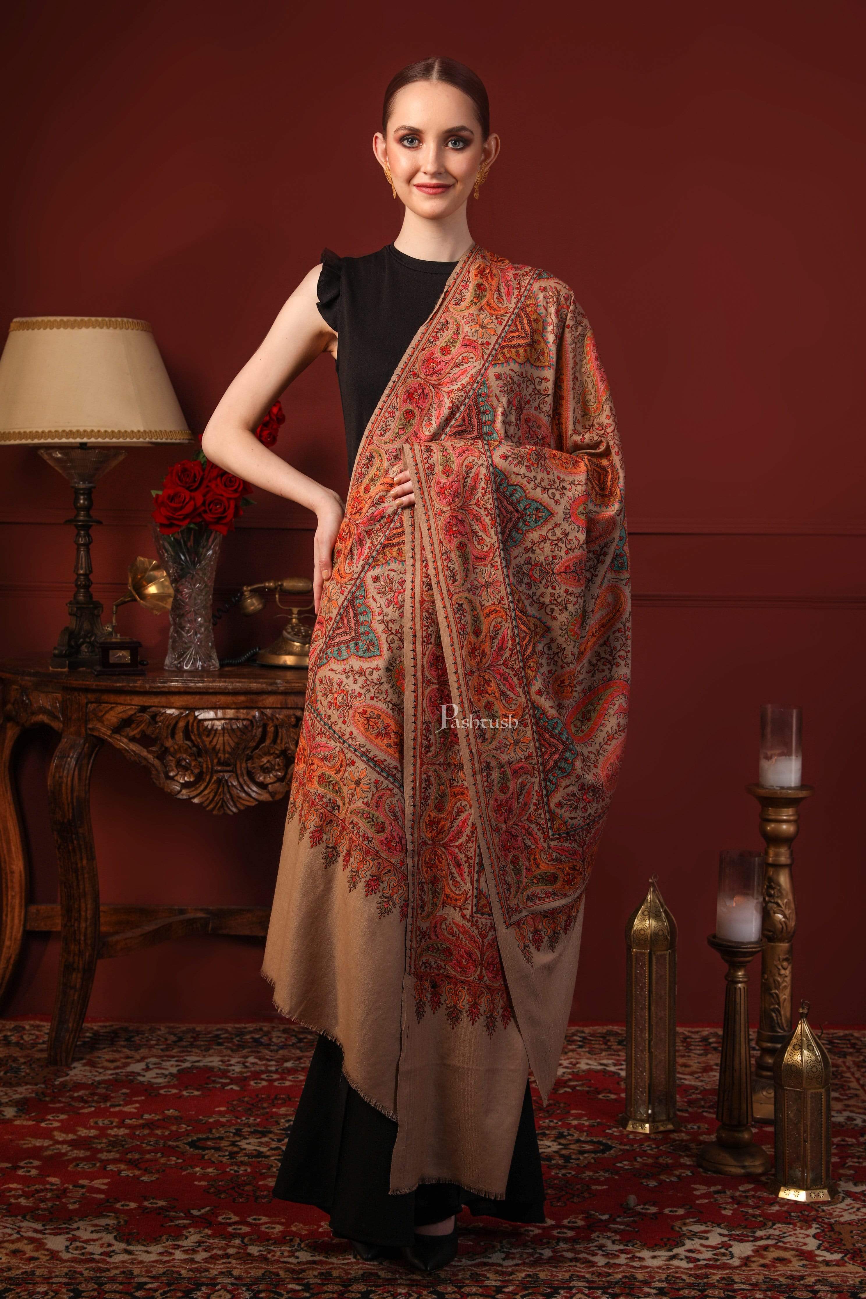 Pashtush Womens Papier-MâChé Embroidered Shawl, Fine Wool With Silky Embroidery, Beige - Image 4