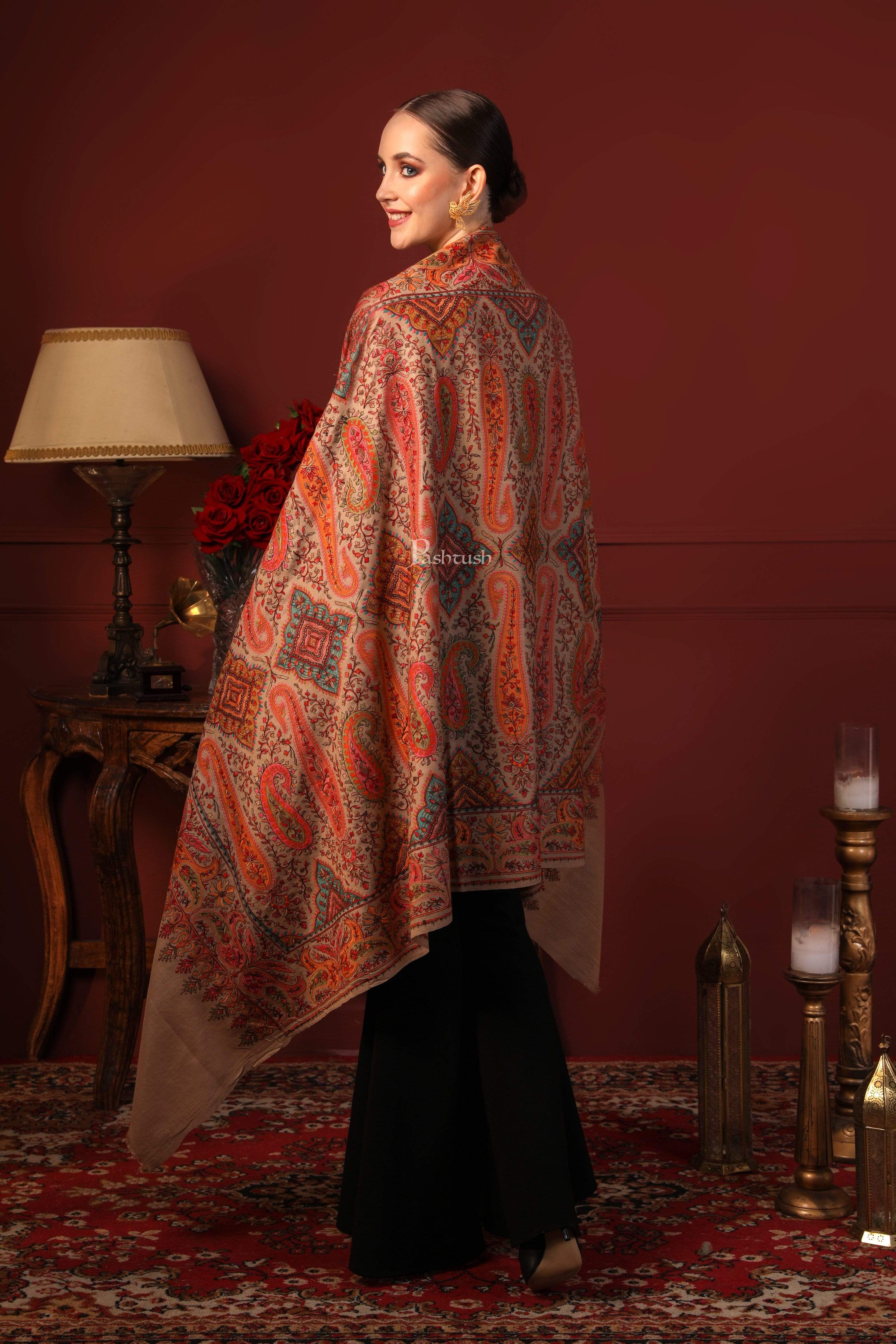 Pashtush Womens Papier-MâChé Embroidered Shawl, Fine Wool With Silky Embroidery, Beige - Image 5