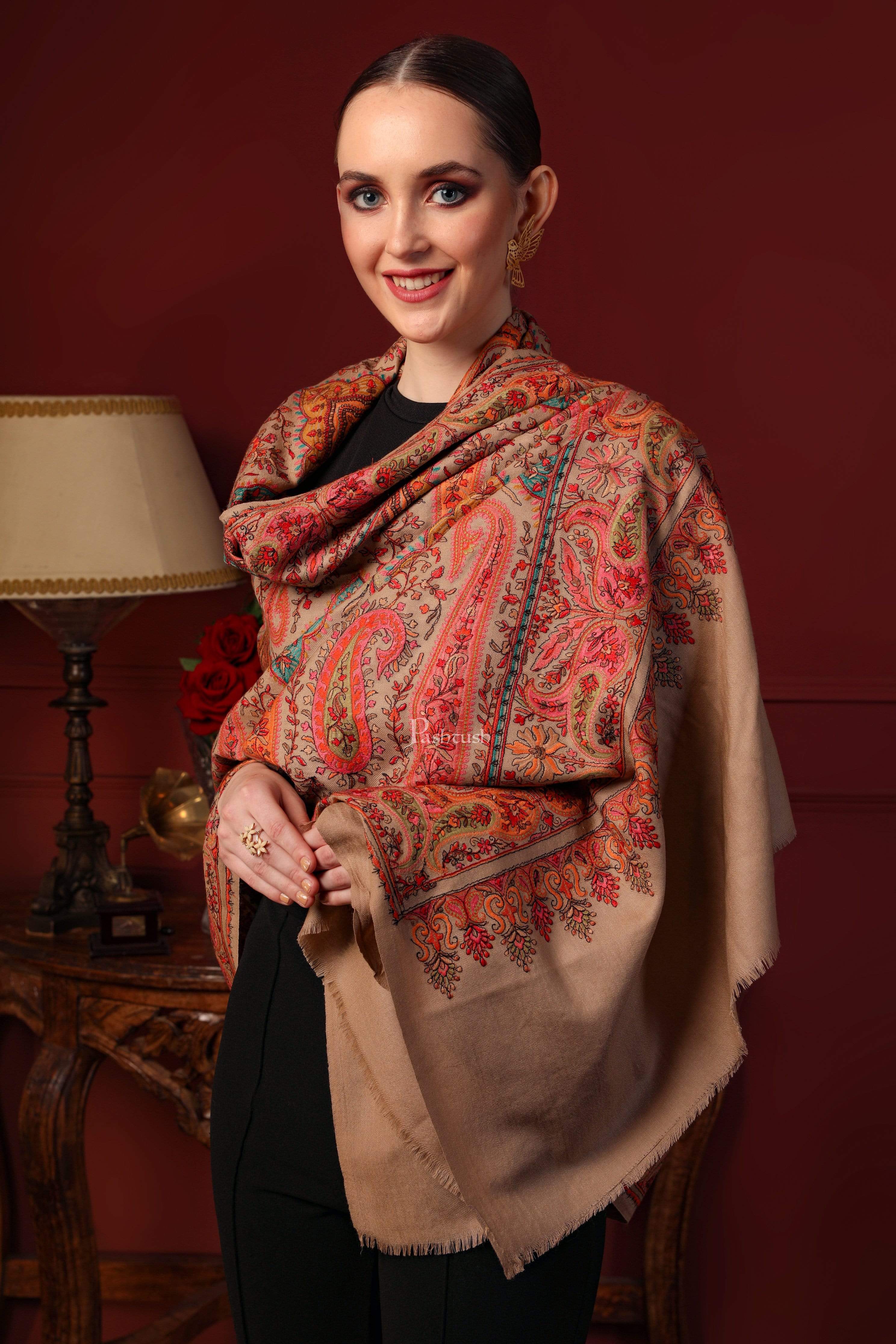 Pashtush Womens Papier-MâChé Embroidered Shawl, Fine Wool With Silky Embroidery, Beige - Image 6