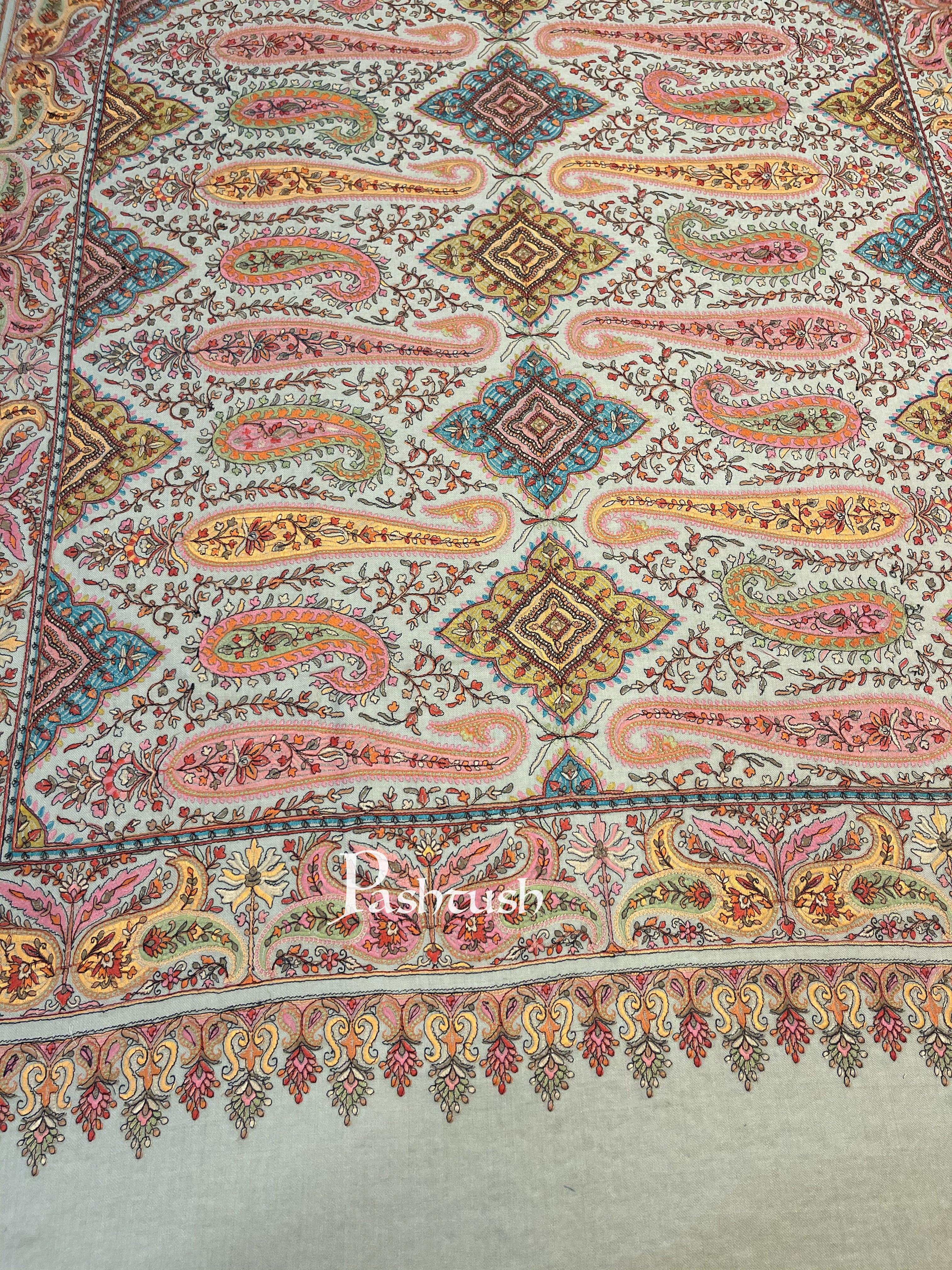 Pashtush Womens Papier-MâChé Embroidered Shawl, Fine Wool With Silky Embroidery, Beige