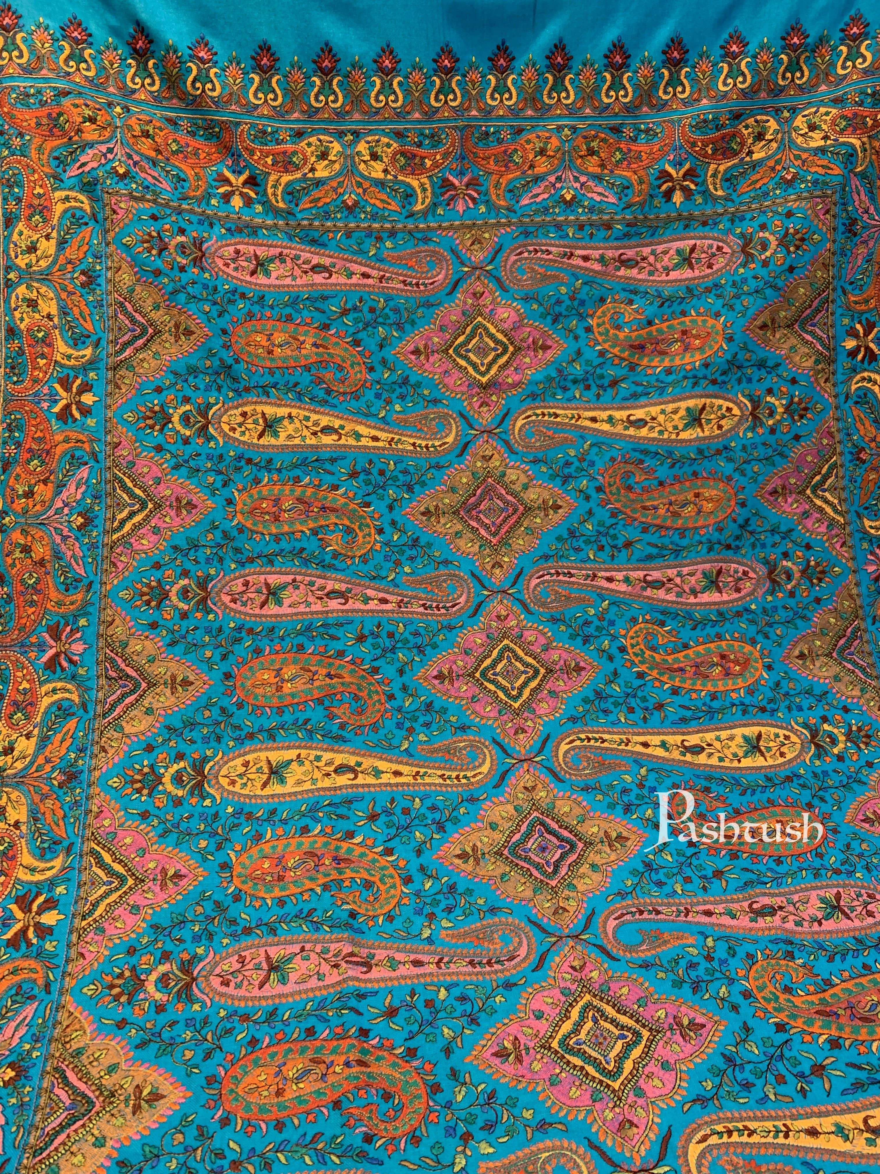 Pashtush Womens Papier-MâChé Embroidered Shawl, Fine Wool With Silky Embroidery, Blue