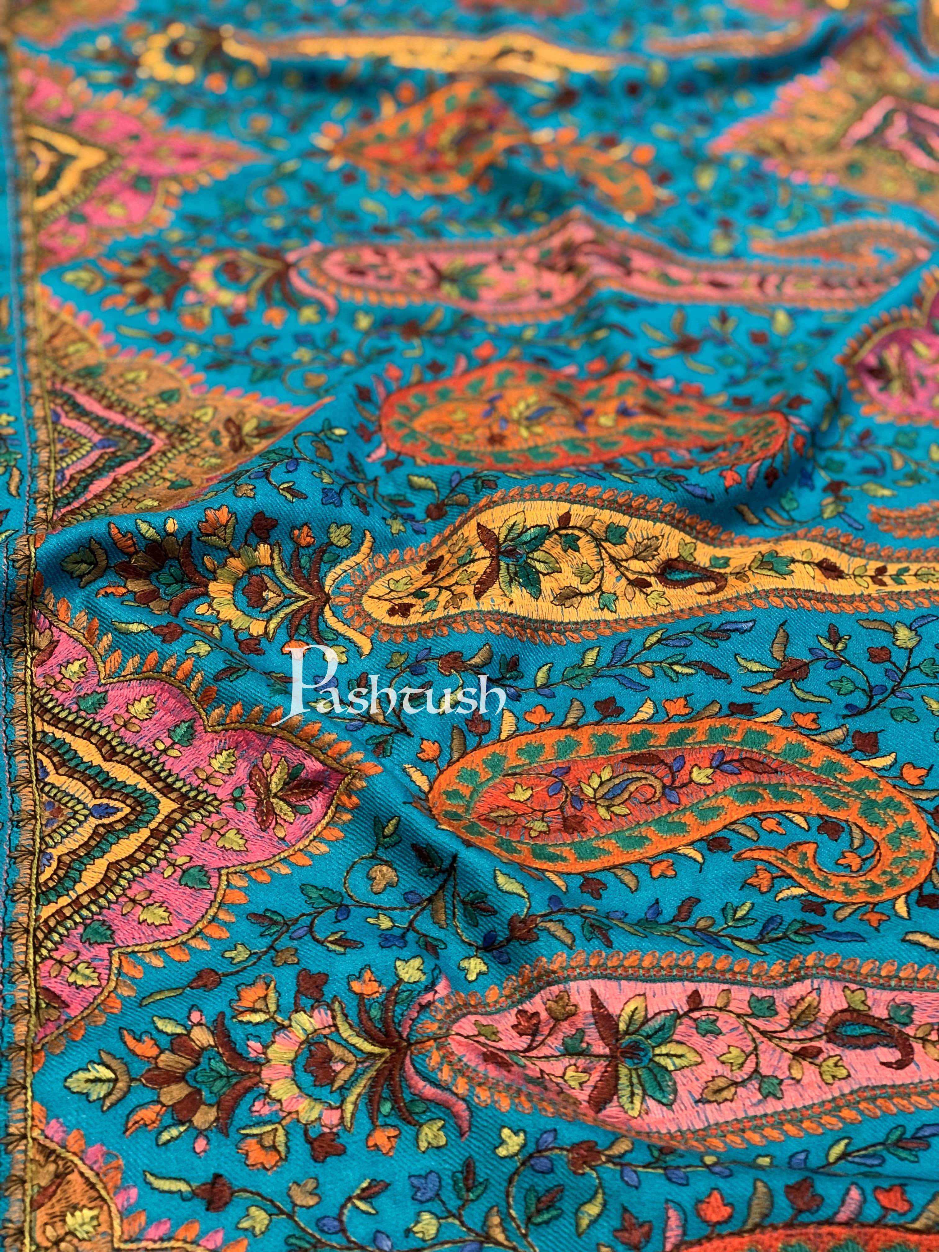 Pashtush Womens Papier-MâChé Embroidered Shawl, Fine Wool With Silky Embroidery, Blue - Image 2