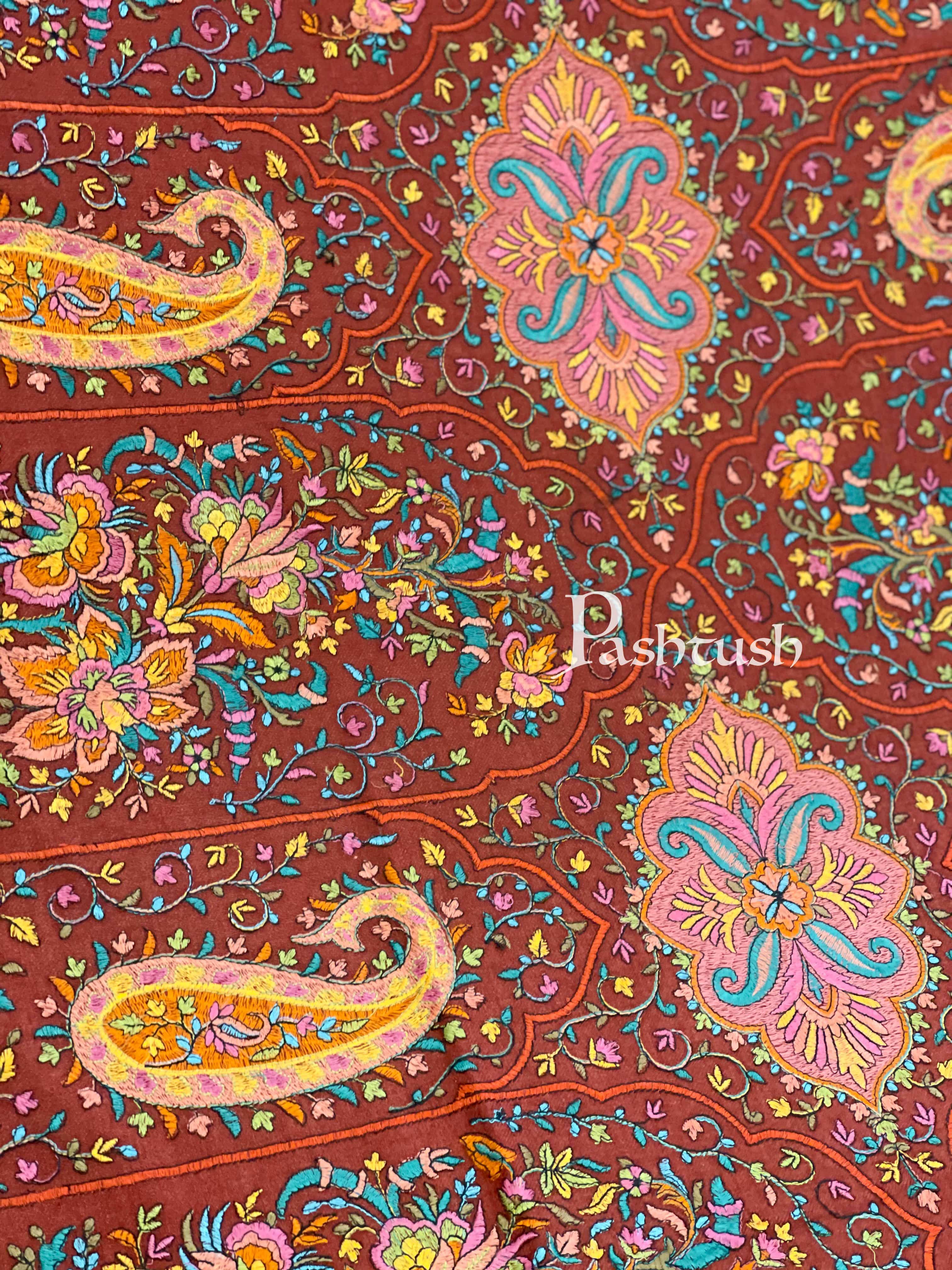 Pashtush Womens Papier-MâChé Embroidered Shawl, Fine Wool With Silky Embroidery, Maroon - Image 2