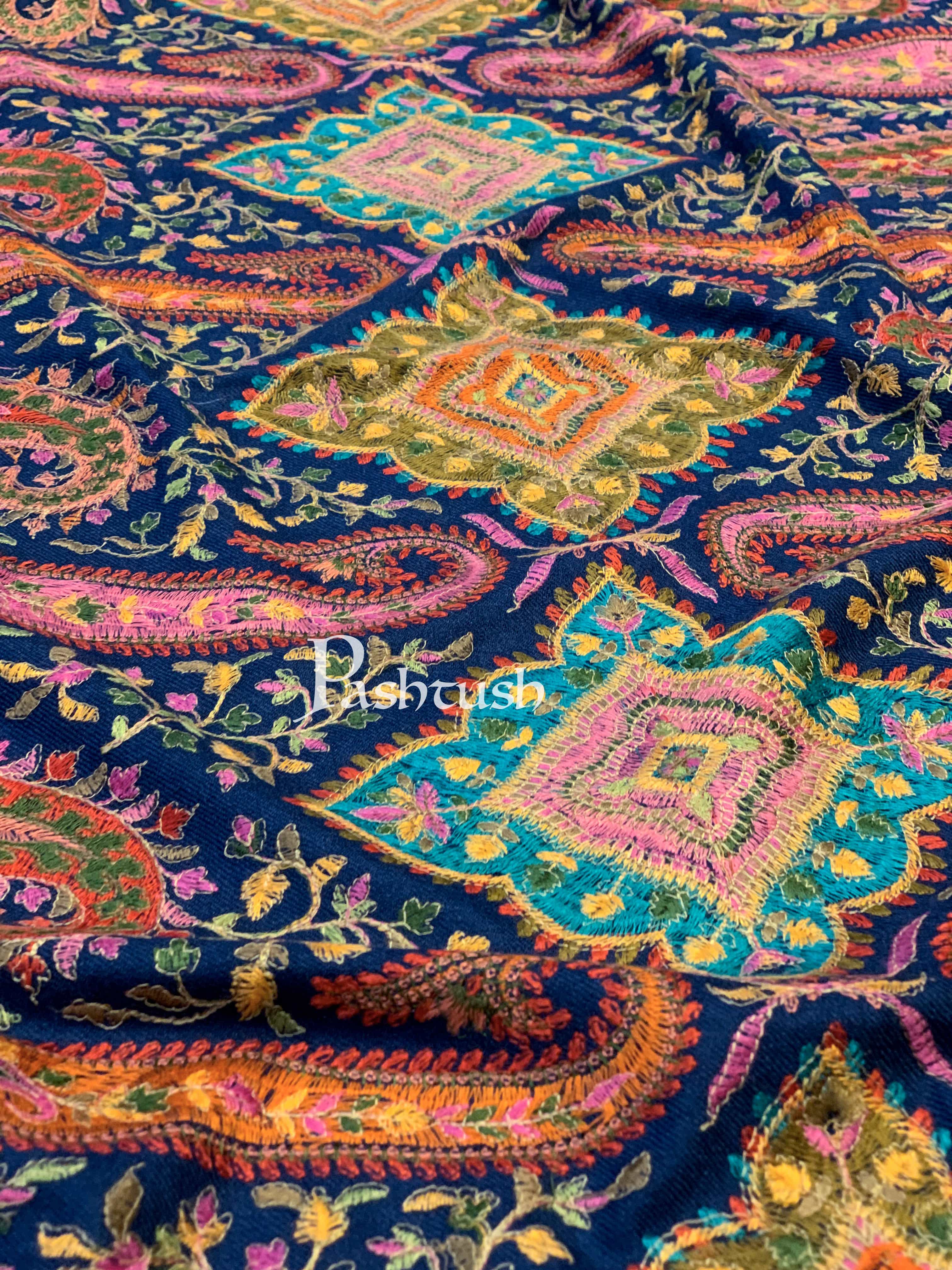 Pashtush Womens Papier-MâChé Embroidered Shawl, Fine Wool With Silky Embroidery, Navy Blue - Image 3