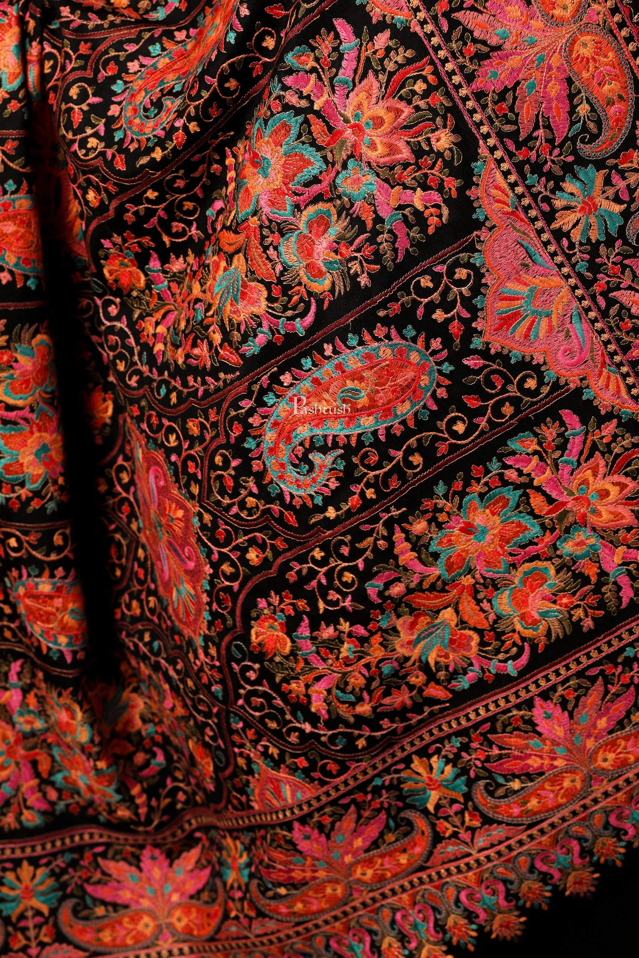 Pashtush Womens Papier-MâChé Embroidered Shawl, Fine Wool With Silky Embroidery, Black - Image 2