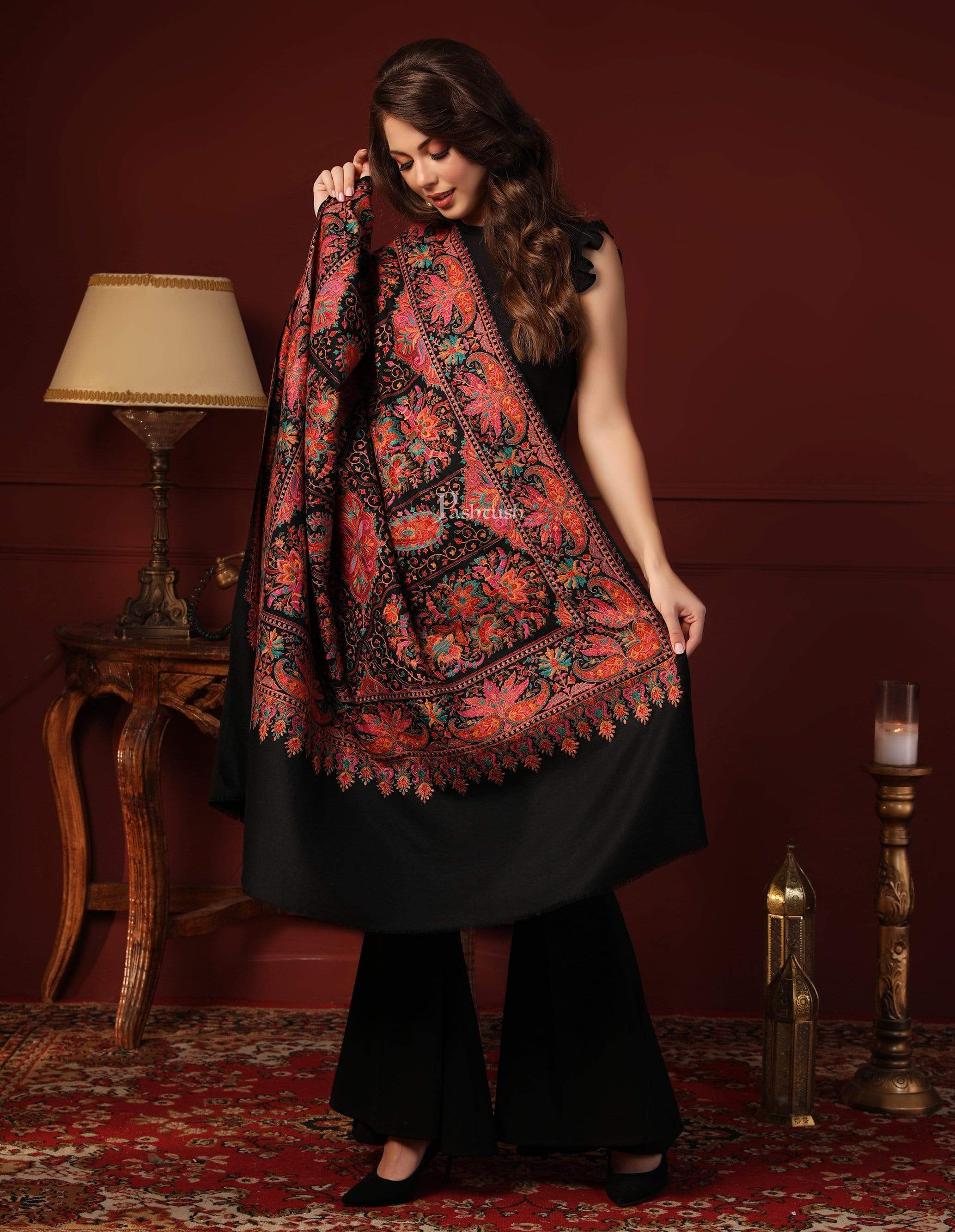 Pashtush Womens Papier-MâChé Embroidered Shawl, Fine Wool With Silky Embroidery, Black - Image 5