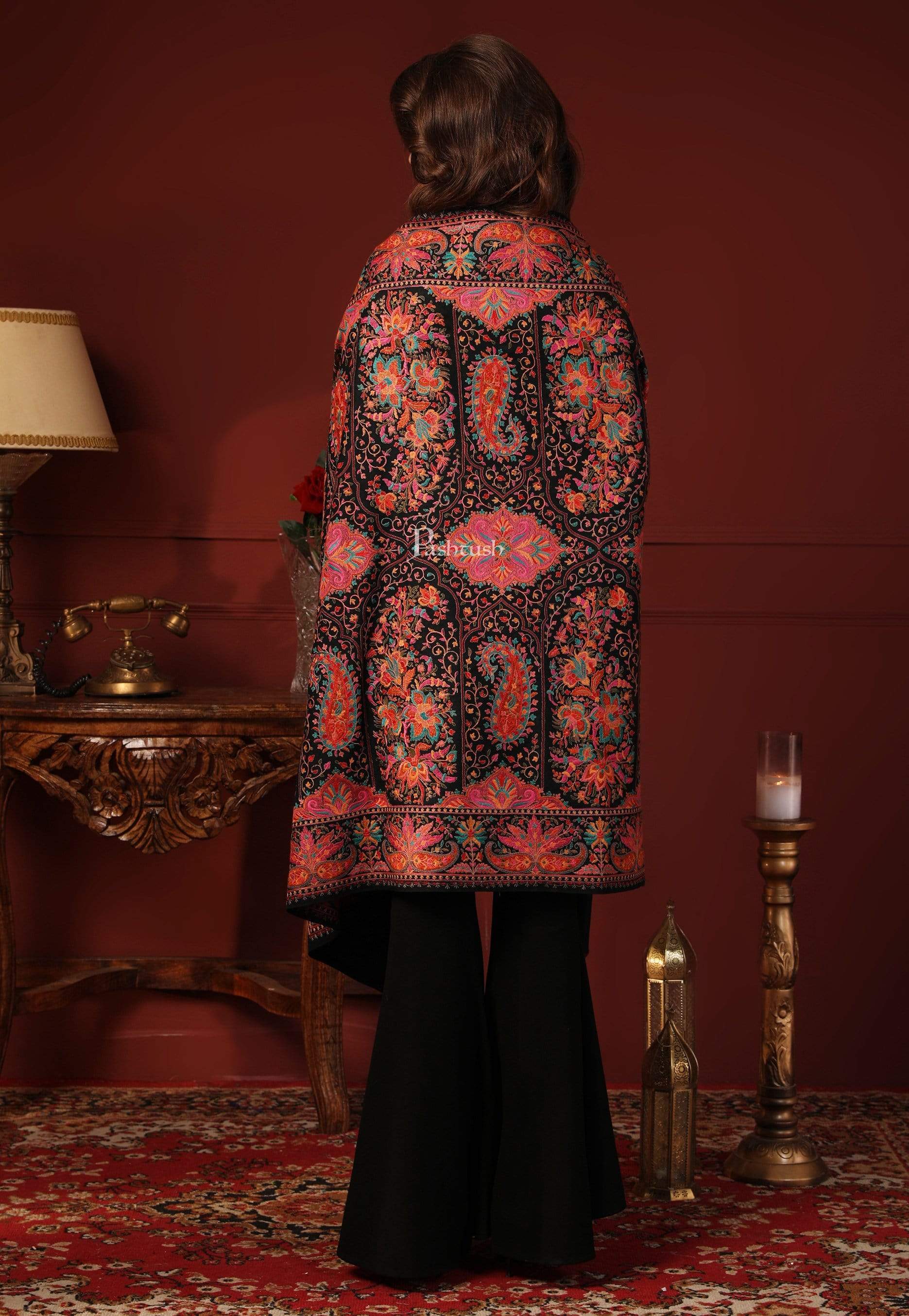 Pashtush Womens Papier-MâChé Embroidered Shawl, Fine Wool With Silky Embroidery, Black - Image 7