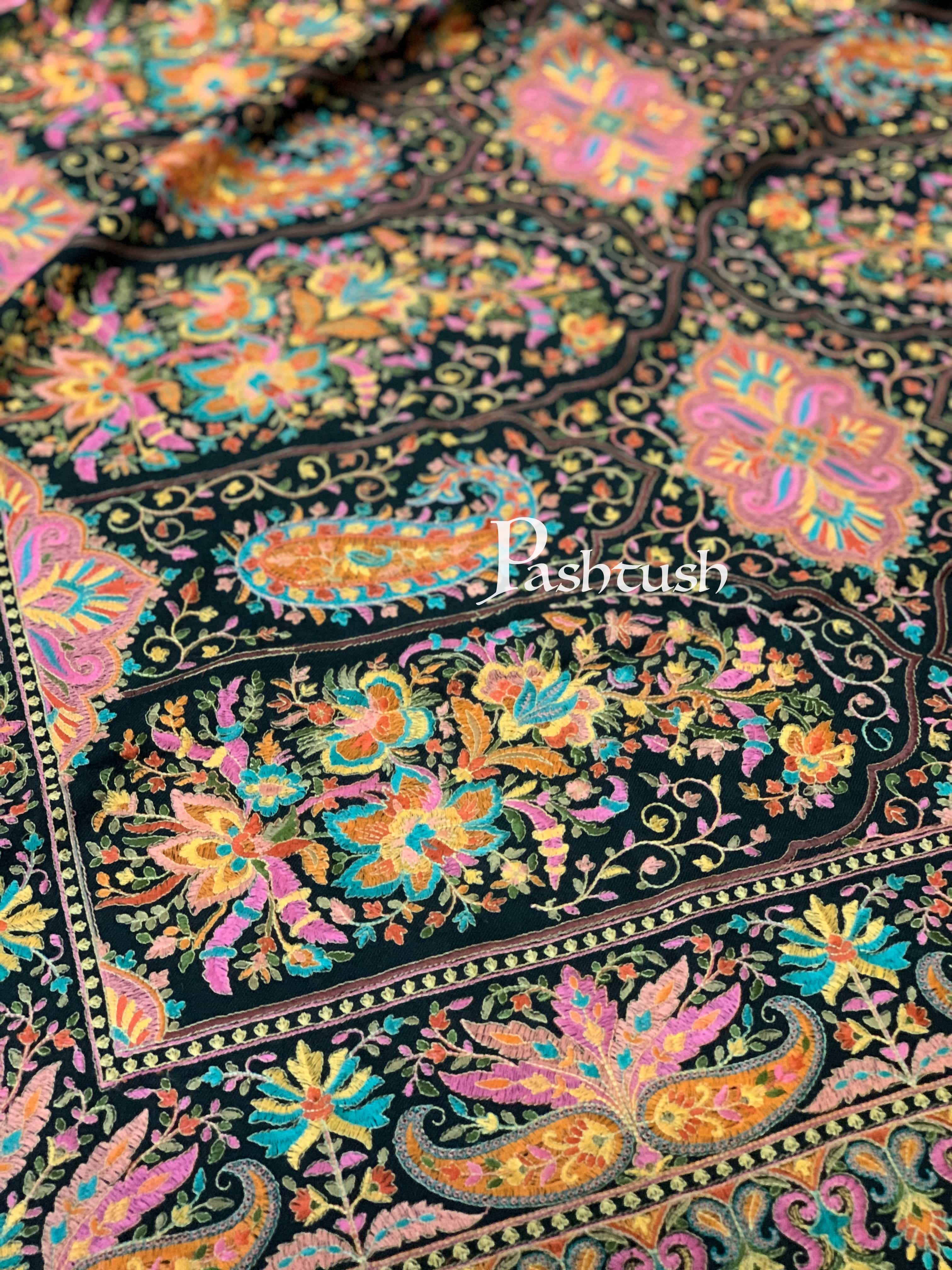 Pashtush Womens Papier-MâChé Embroidered Shawl, Fine Wool With Silky Embroidery, Black - Image 9