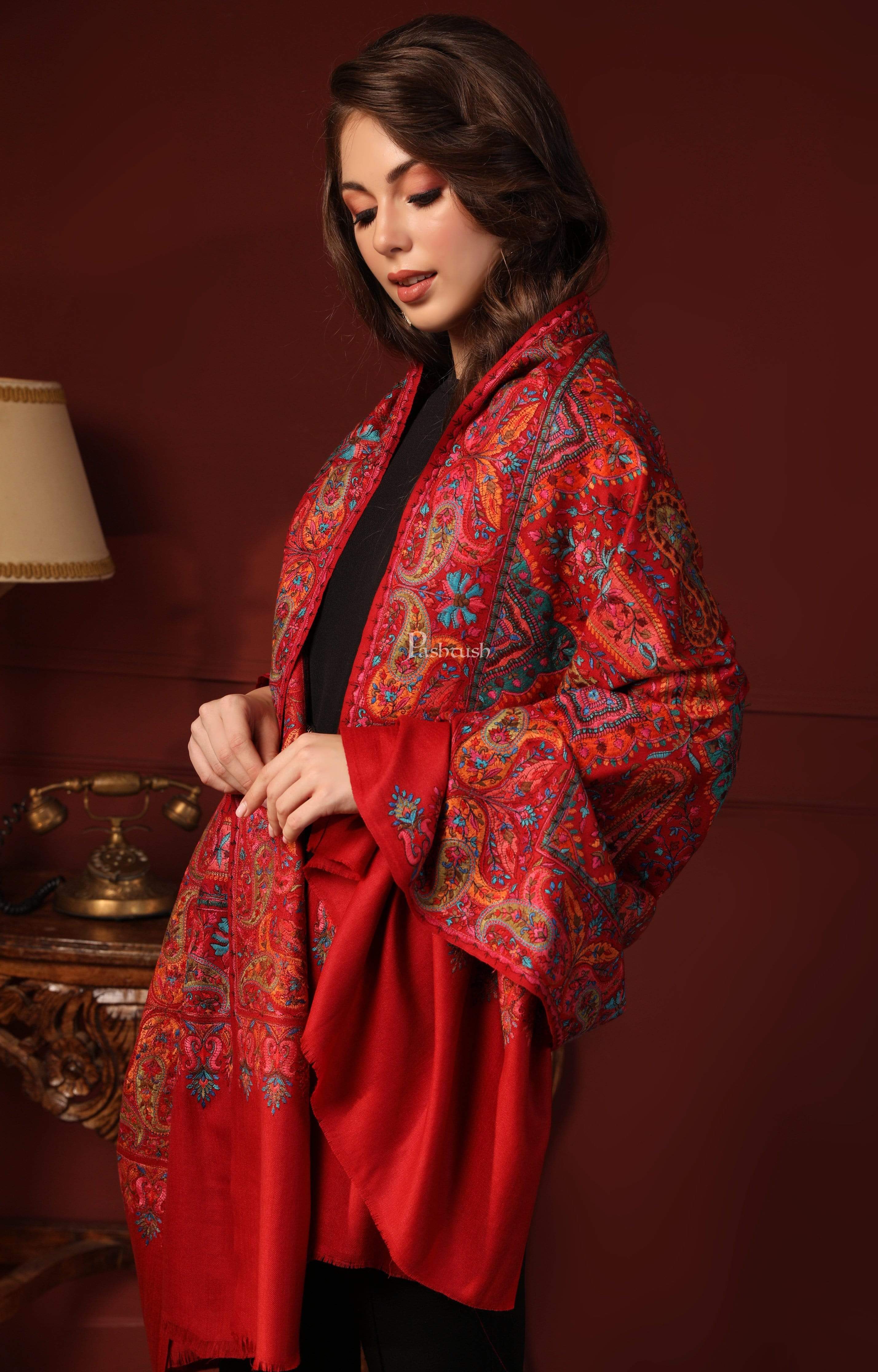 Pashtush Womens Papier-MâChé Embroidered Shawl, Fine Wool With Silky Embroidery, Scarlet Red
