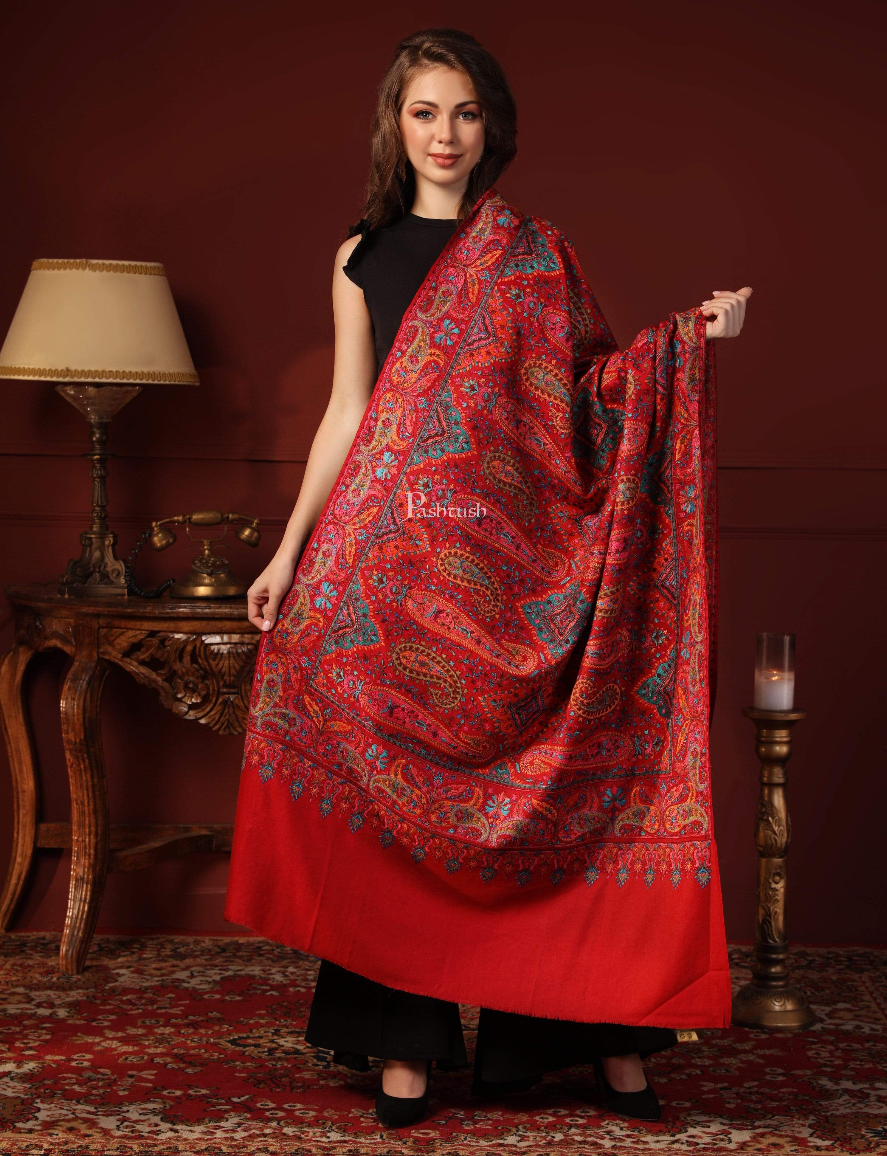 Pashtush Womens Papier-MâChé Embroidered Shawl, Fine Wool With Silky Embroidery, Scarlet Red - Image 10