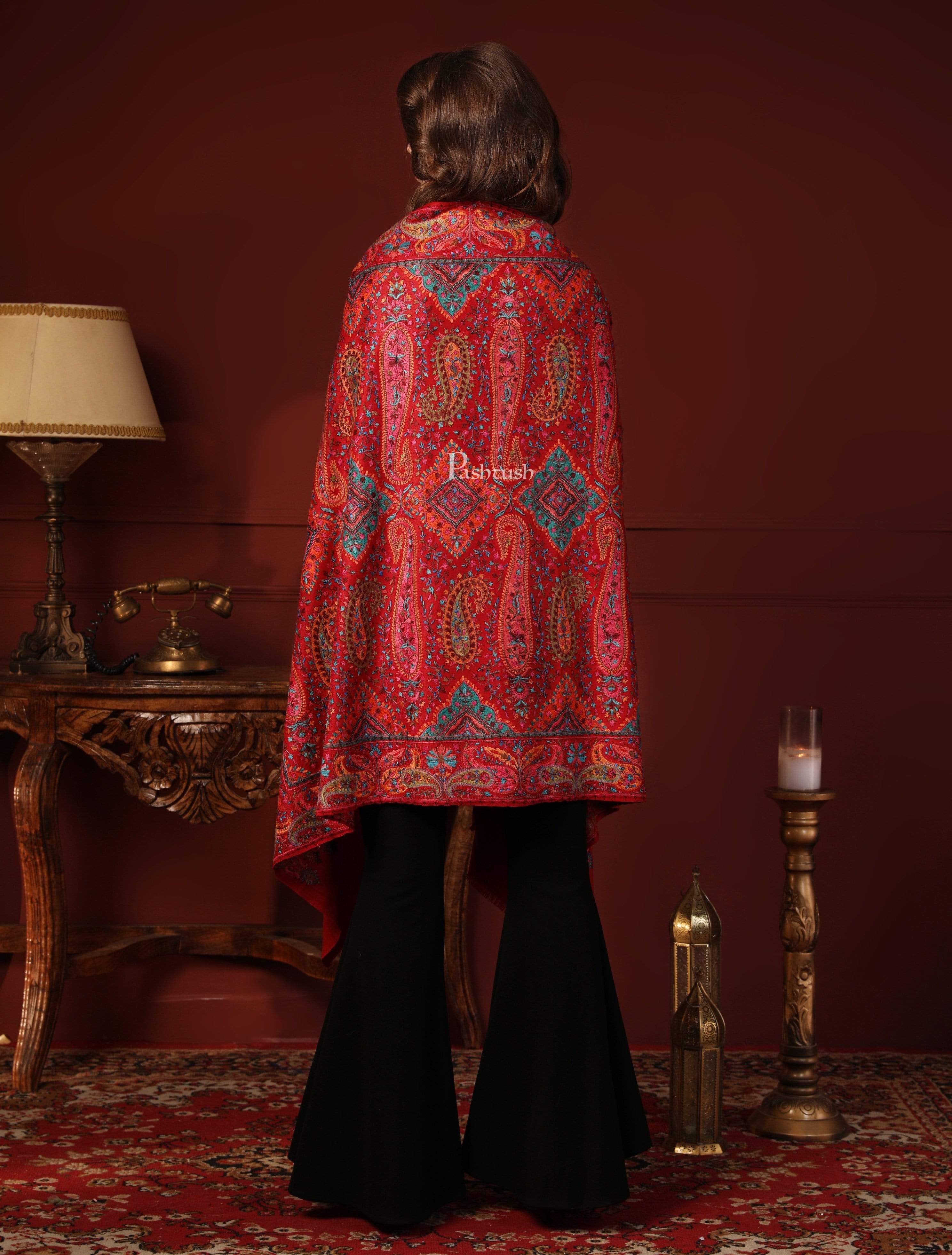 Pashtush Womens Papier-MâChé Embroidered Shawl, Fine Wool With Silky Embroidery, Scarlet Red - Image 13