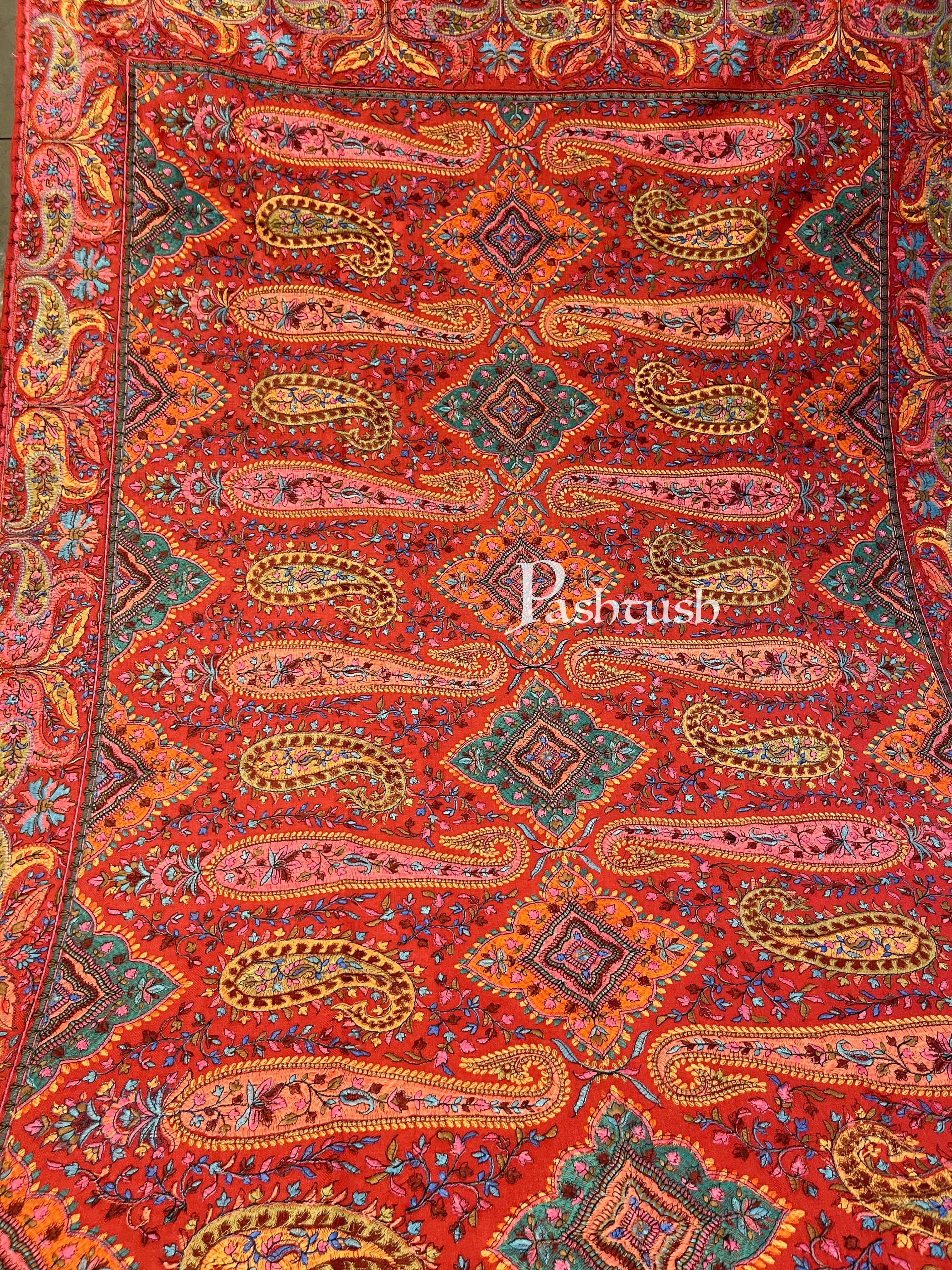 Pashtush Womens Papier-MâChé Embroidered Shawl, Fine Wool With Silky Embroidery, Scarlet Red - Image 6
