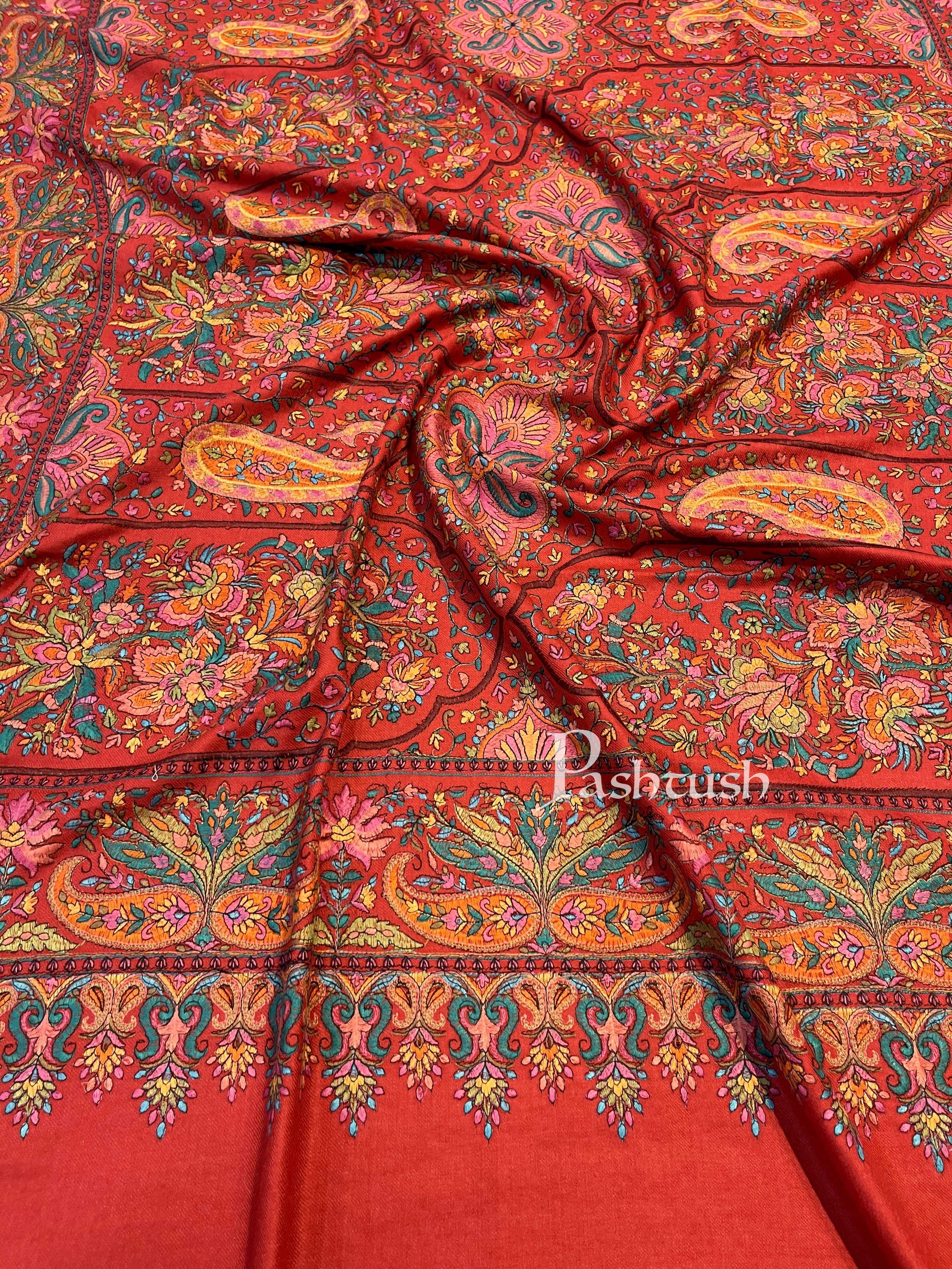 Pashtush Womens Papier-MâChé Embroidered Shawl, Fine Wool With Silky Embroidery, Scarlet Red - Image 2