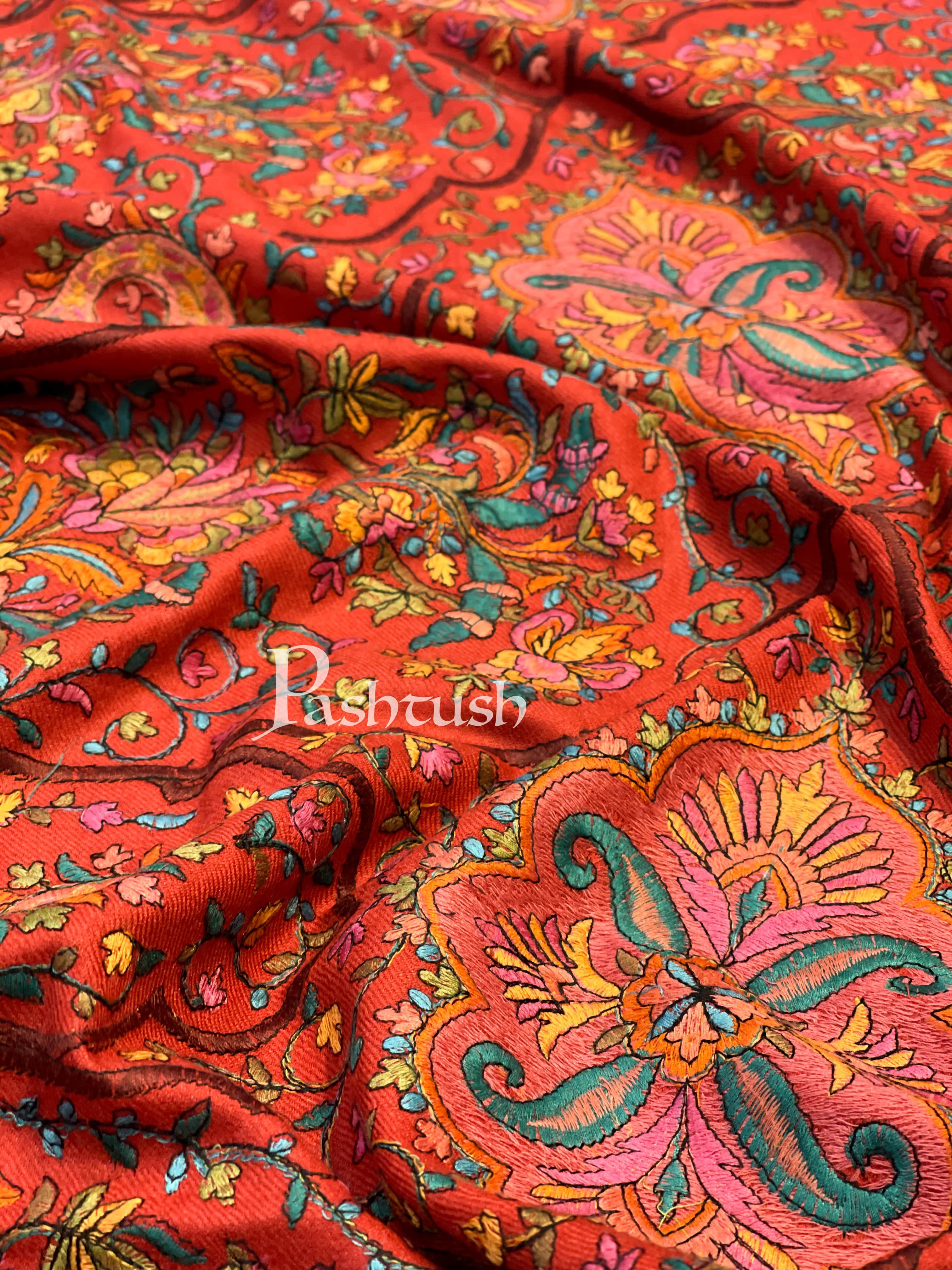 Pashtush Womens Papier-MâChé Embroidered Shawl, Fine Wool With Silky Embroidery, Scarlet Red - Image 3