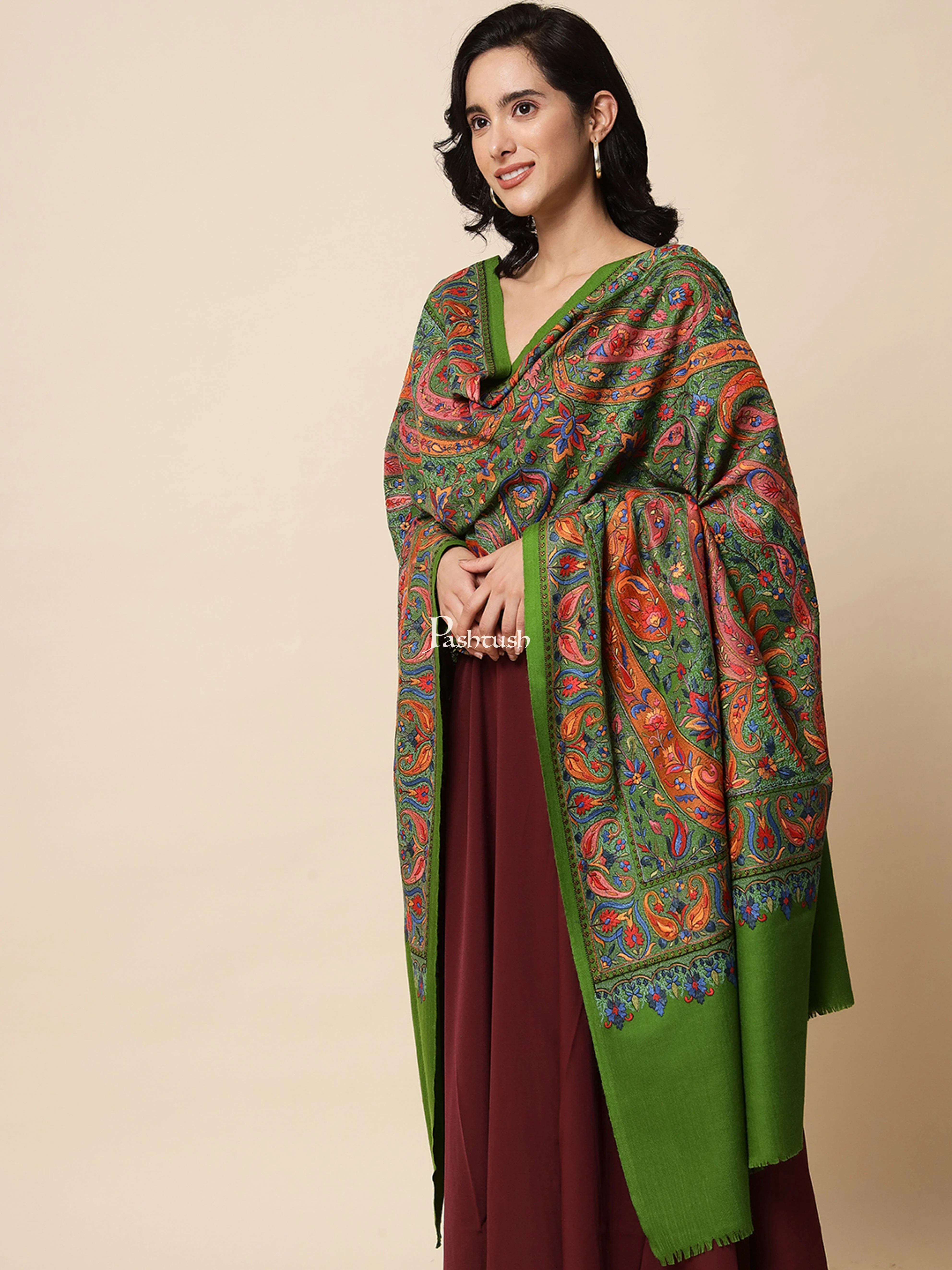 Pashtush Womens Papier Machè Embroidery Jaal Shawl, Extra Fine Wool - Emerald Green - Image 3