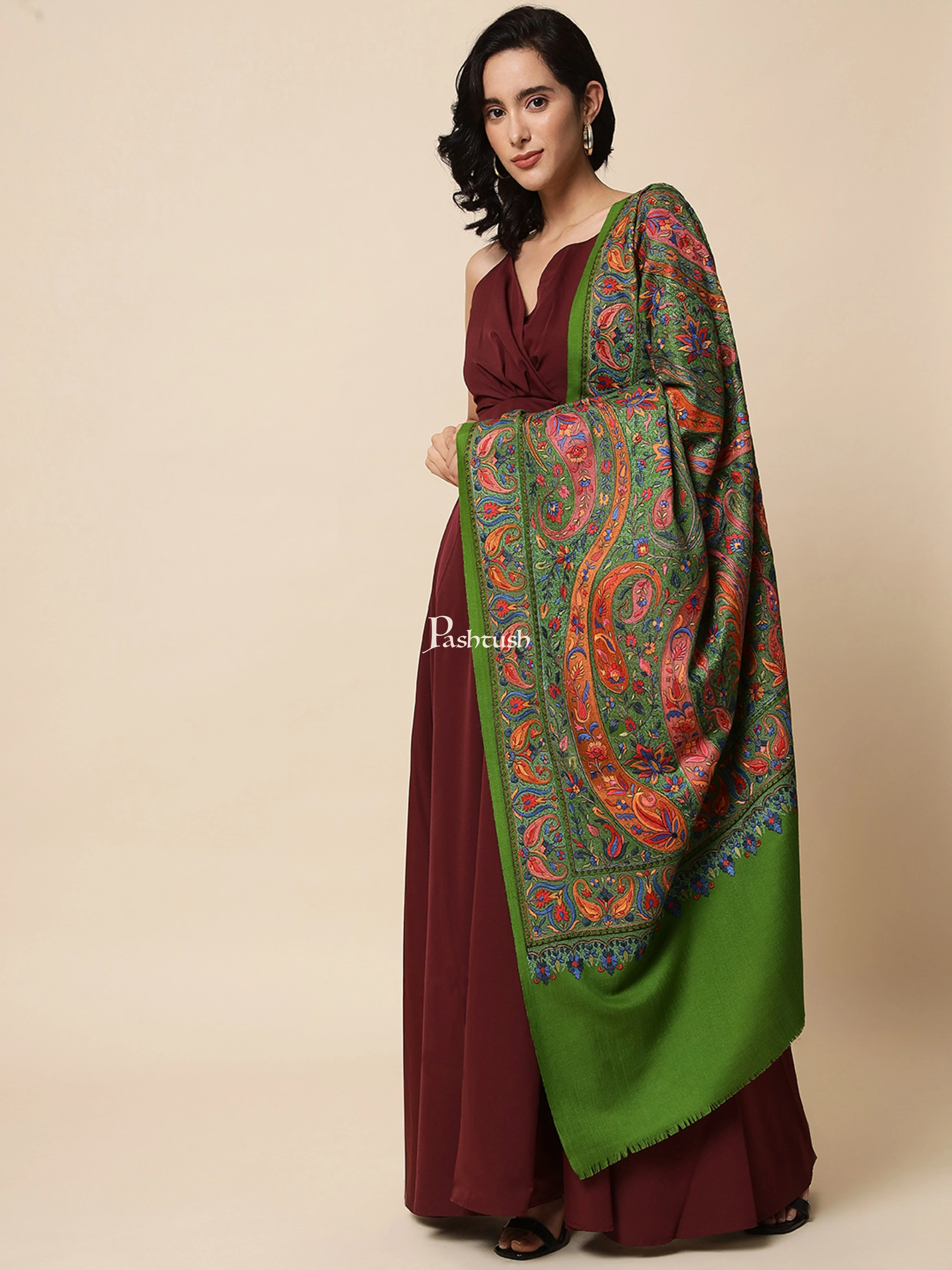 Pashtush Womens Papier Machè Embroidery Jaal Shawl, Extra Fine Wool - Emerald Green - Image 5