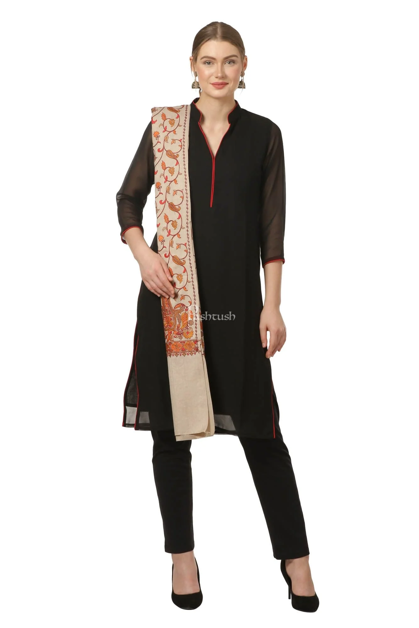 Pashtush Womens Papier Machè Embroidery Jaal Shawl - Taupe - Image 4