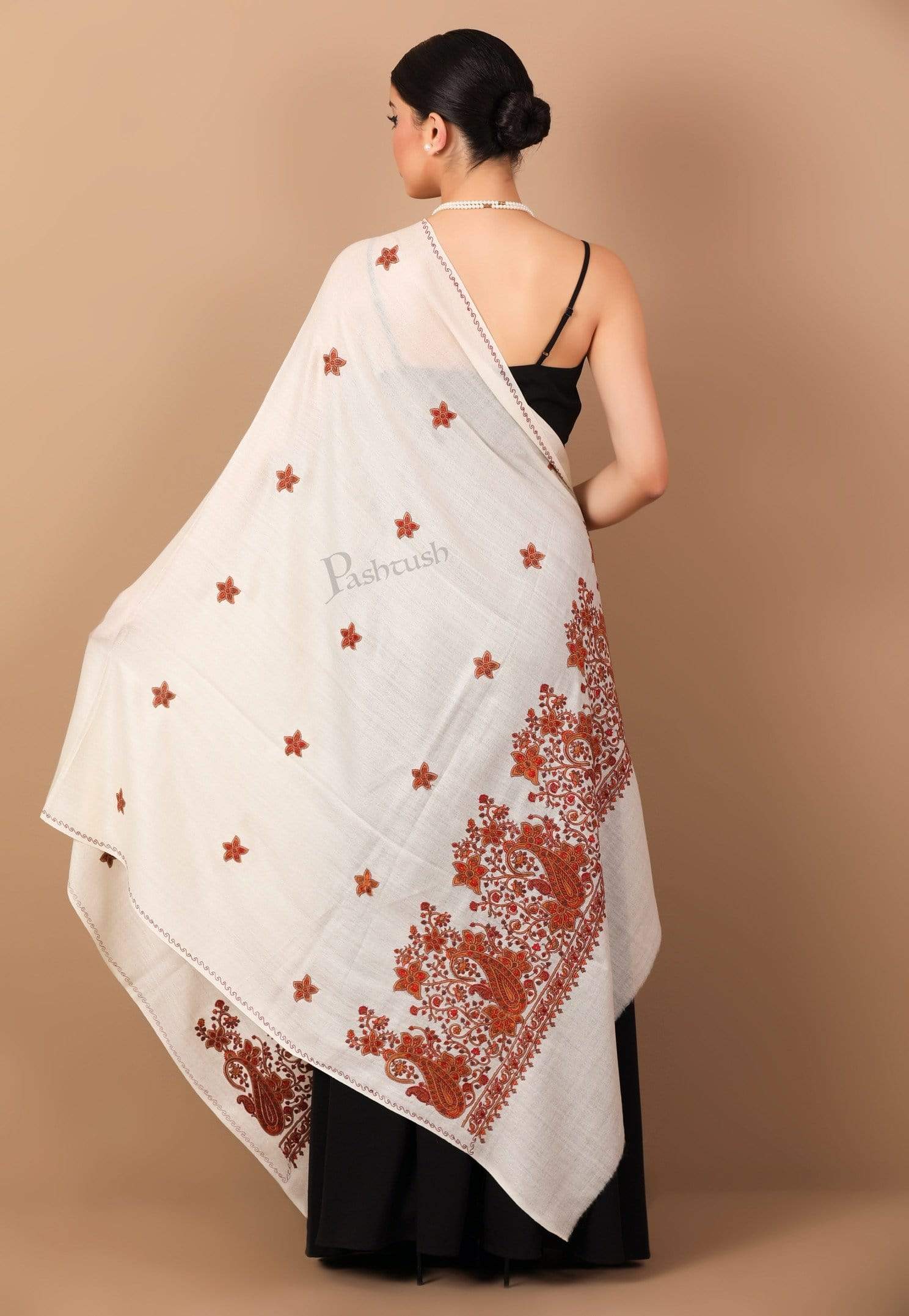 Pashtush Womens Papier Machè Embroidery Palla Shawl - Ivory - Image 3