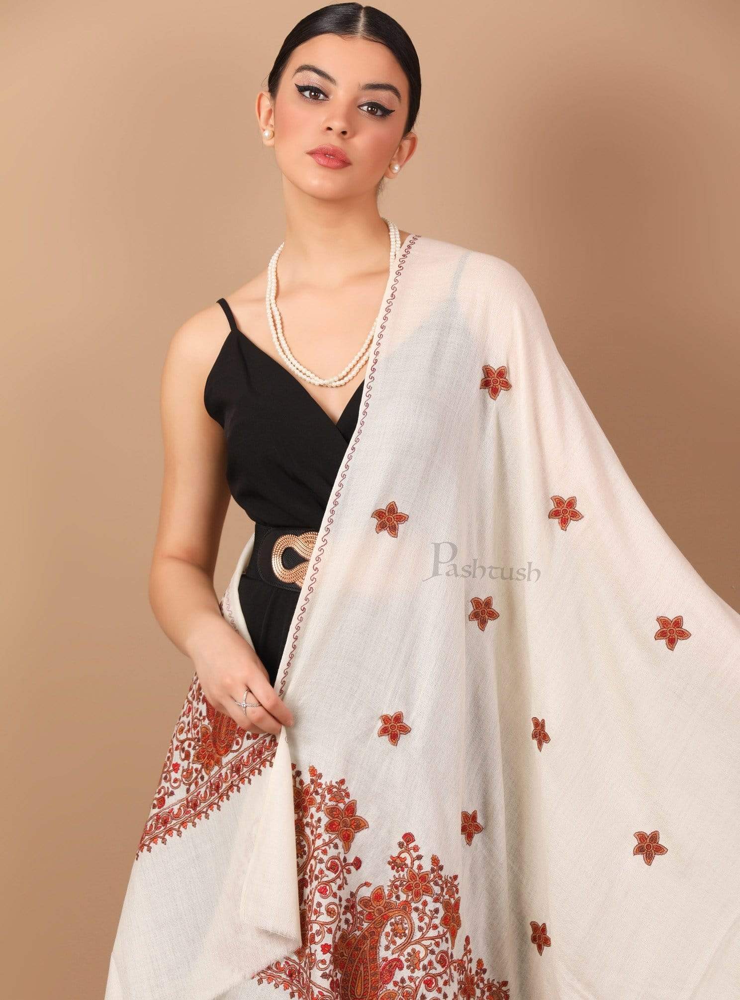 Pashtush Womens Papier Machè Embroidery Palla Shawl - Ivory - Image 4
