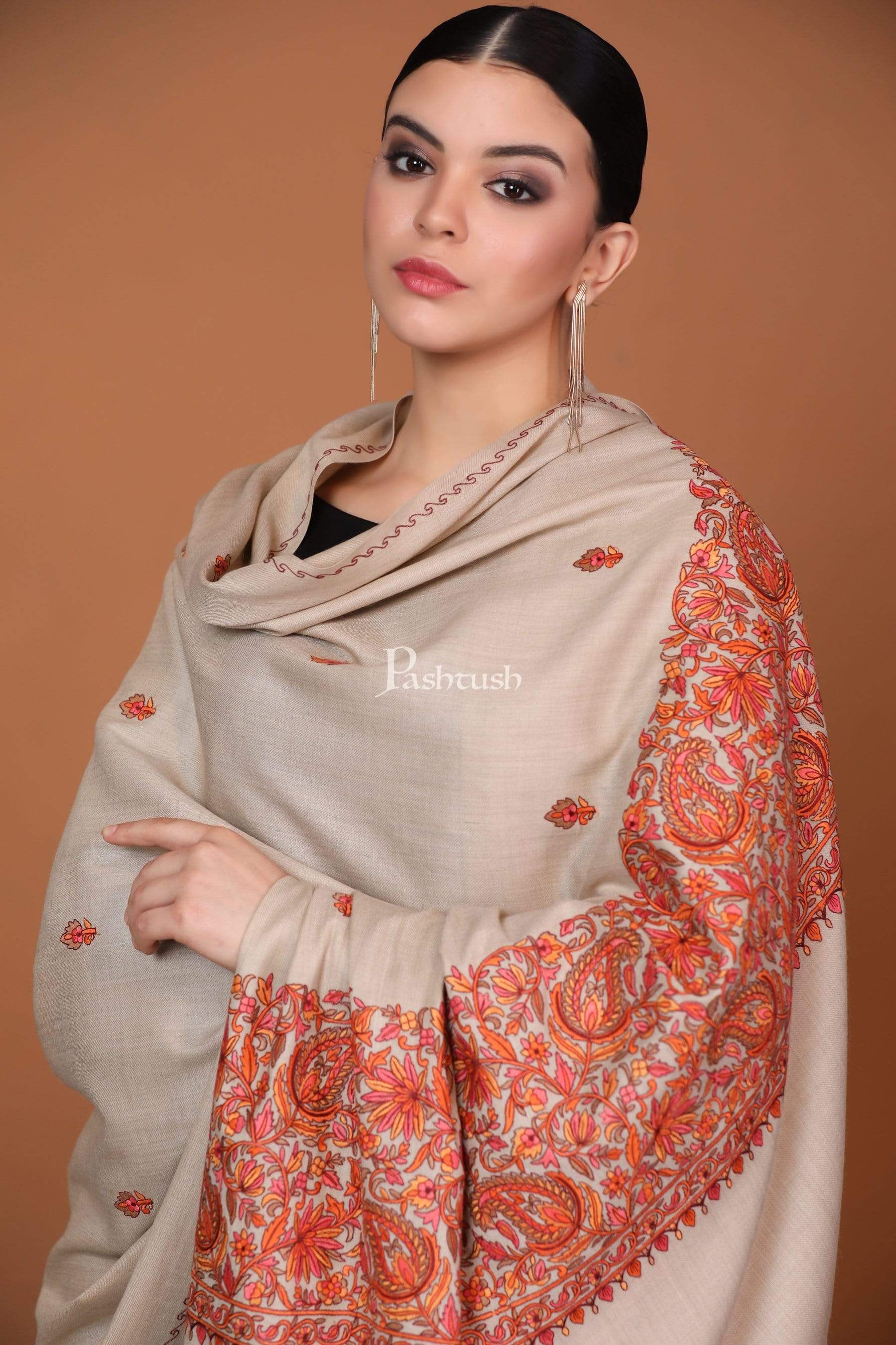 Pashtush Womens Papier Machè Embroidery Palla Shawl - Taupe