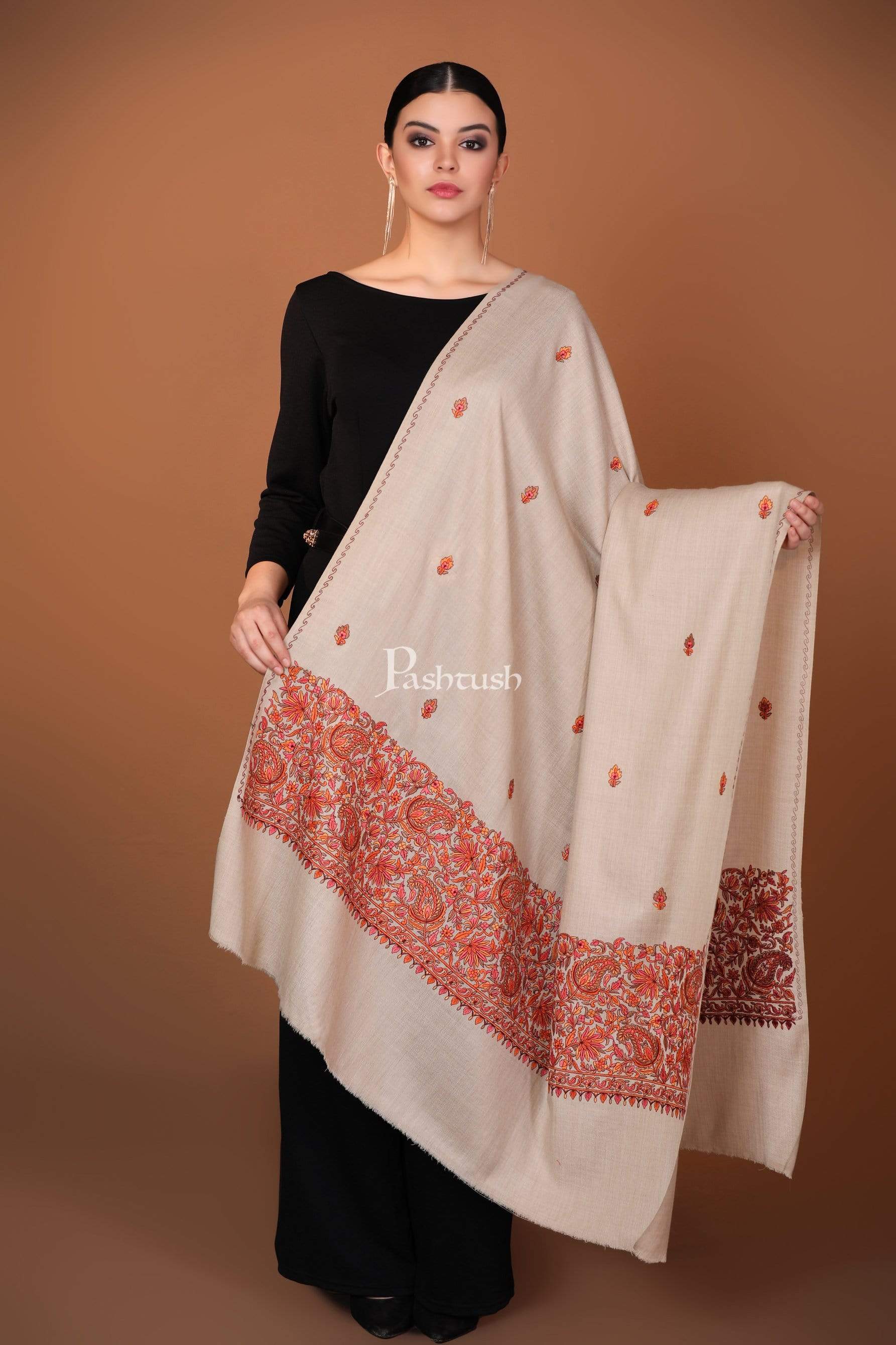 Pashtush Womens Papier Machè Embroidery Palla Shawl - Taupe - Image 2