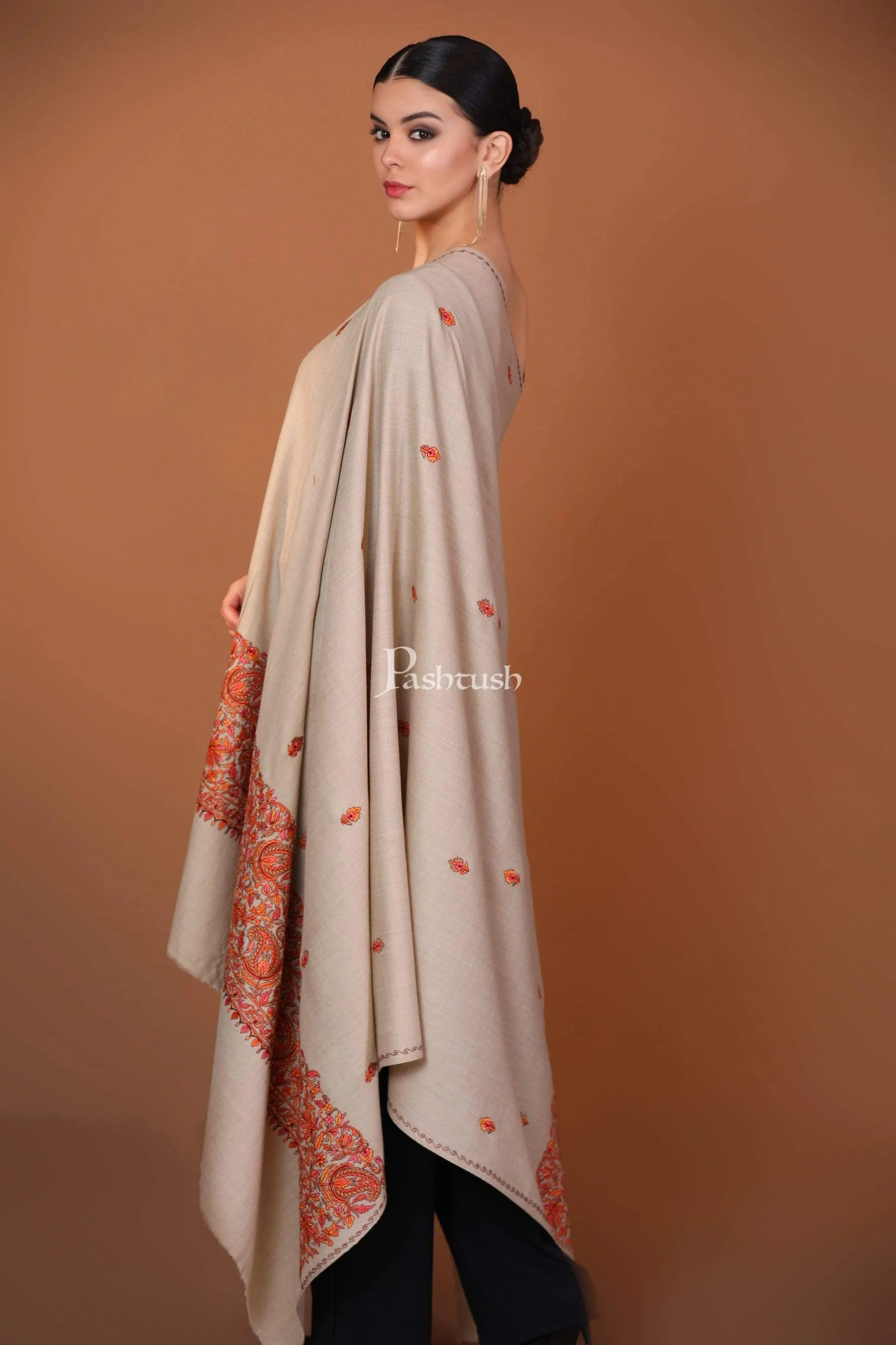Pashtush Womens Papier Machè Embroidery Palla Shawl - Taupe - Image 3