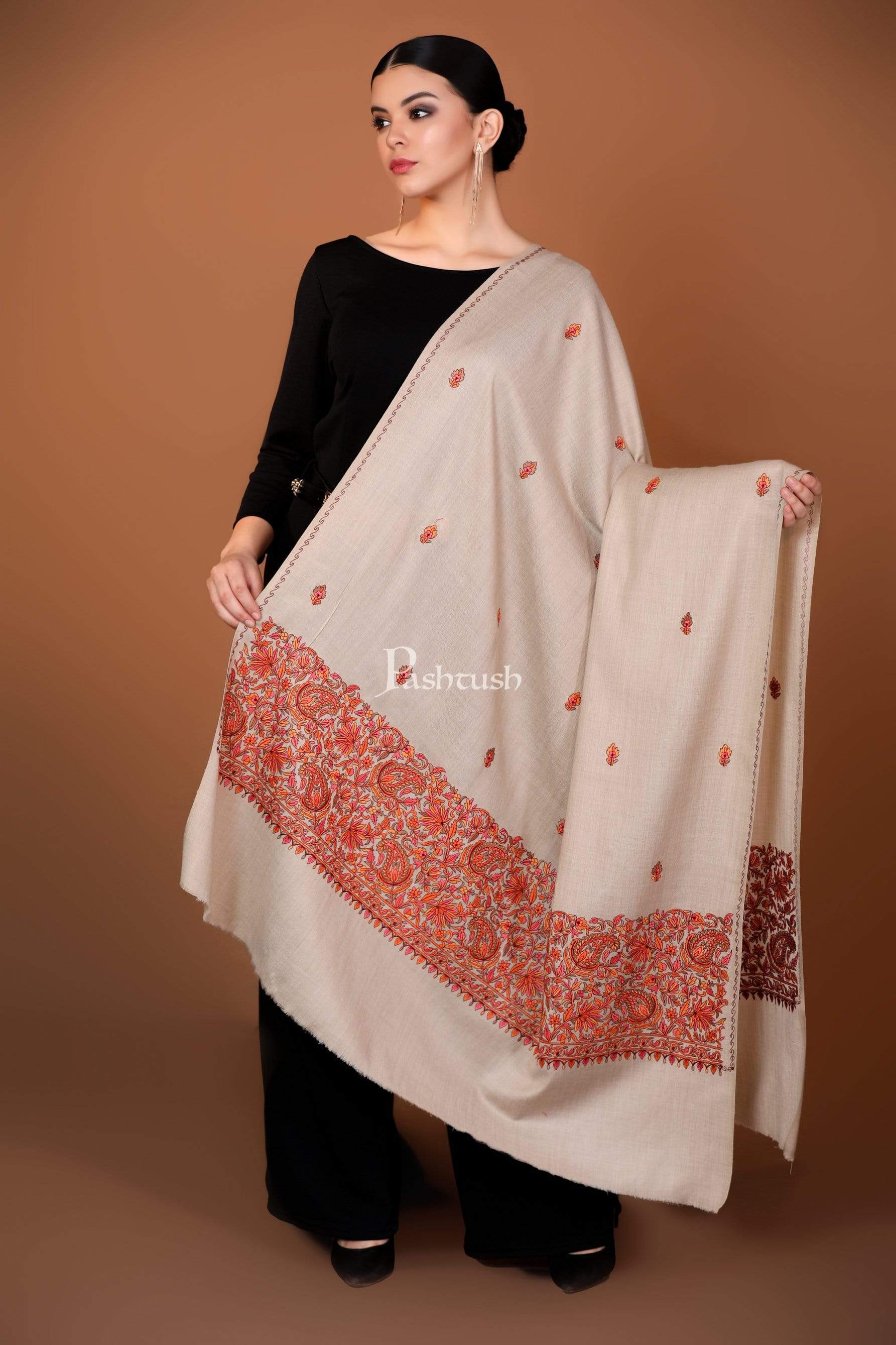 Pashtush Womens Papier Machè Embroidery Palla Shawl - Taupe - Image 4