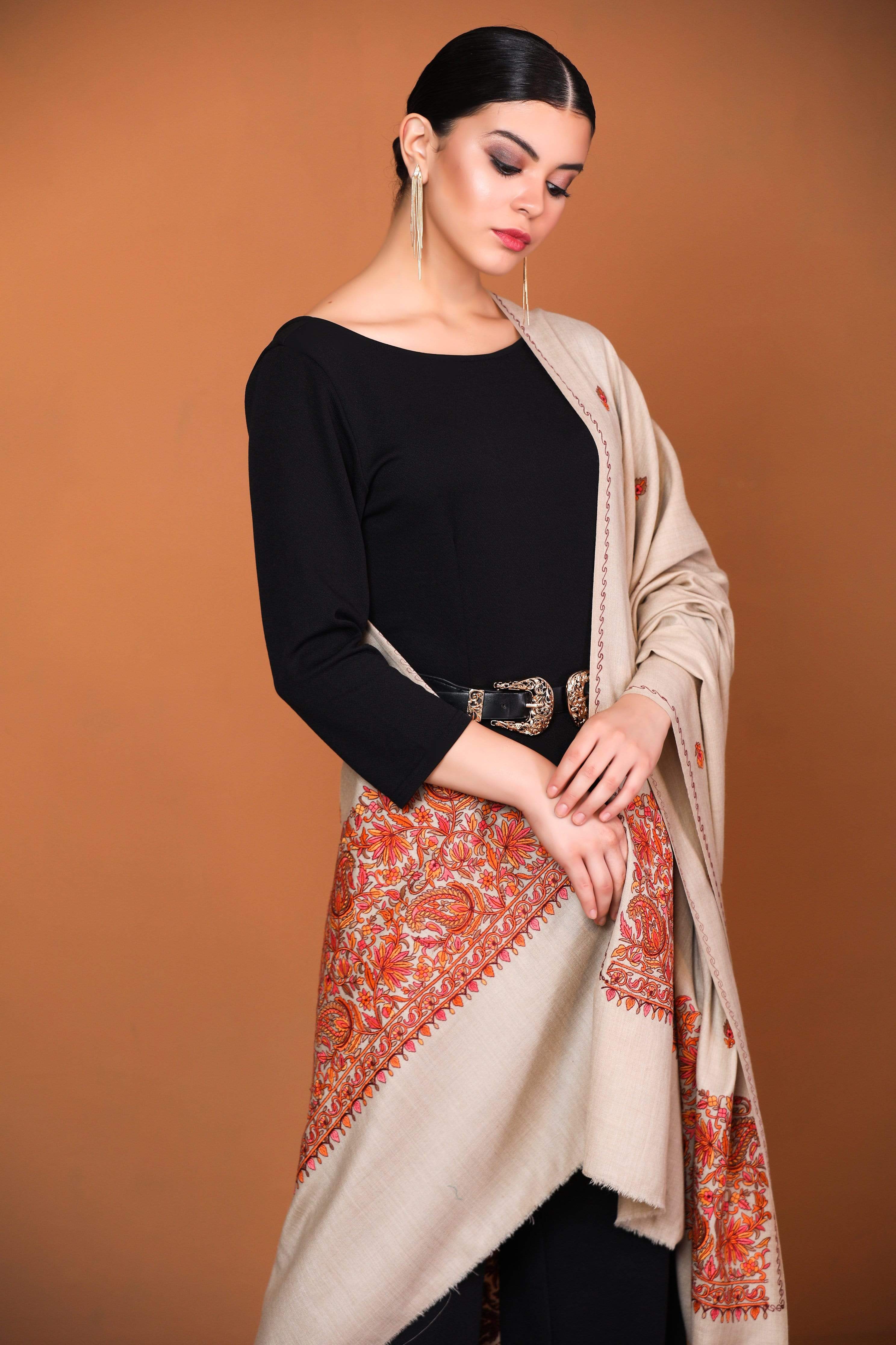 Pashtush Womens Papier Machè Embroidery Palla Shawl - Taupe - Image 6