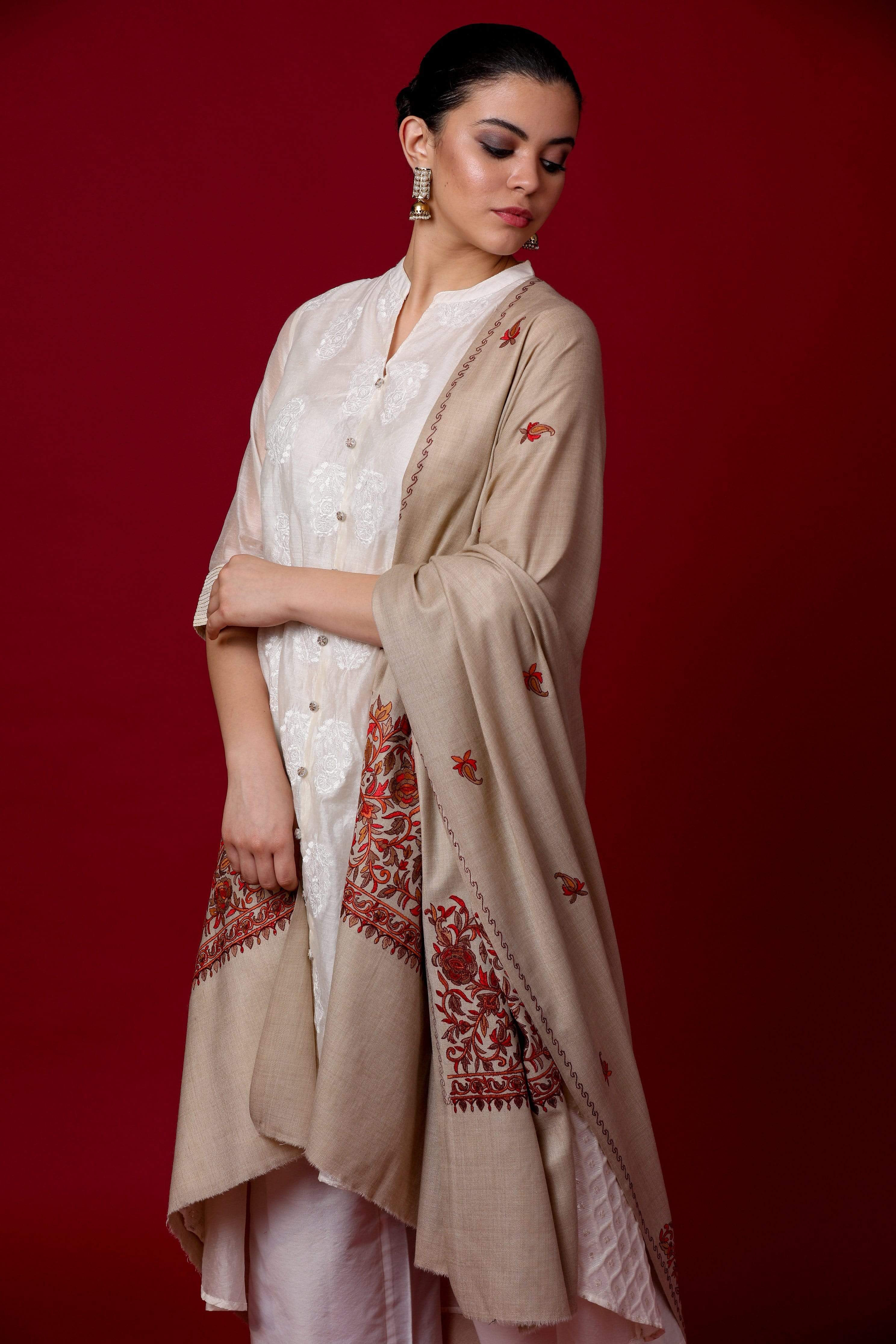 Pashtush Womens Papier Machè Embroidery Palla Shawl - Taupe - Image 3