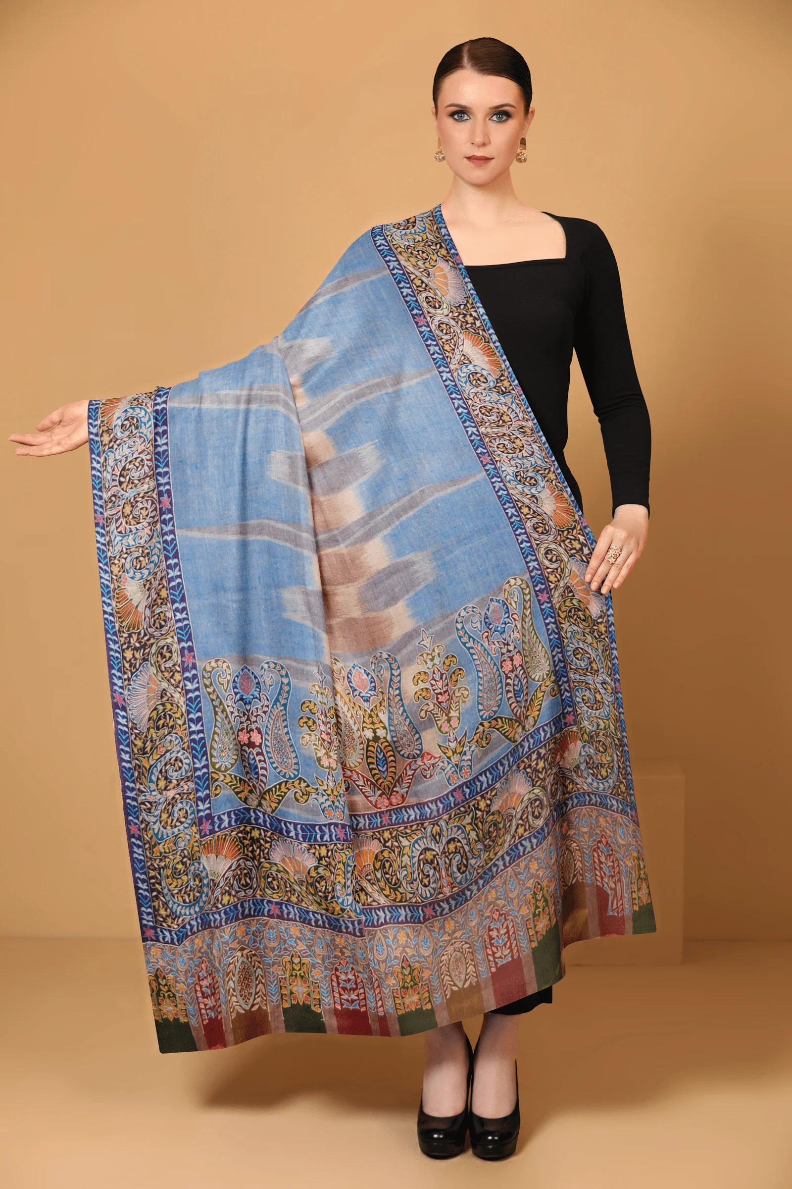 Pashtush Womens Pashmina, Hand Embroidered Hand Painted Kalamkari Shawl, Ikkat Weave - Image 4
