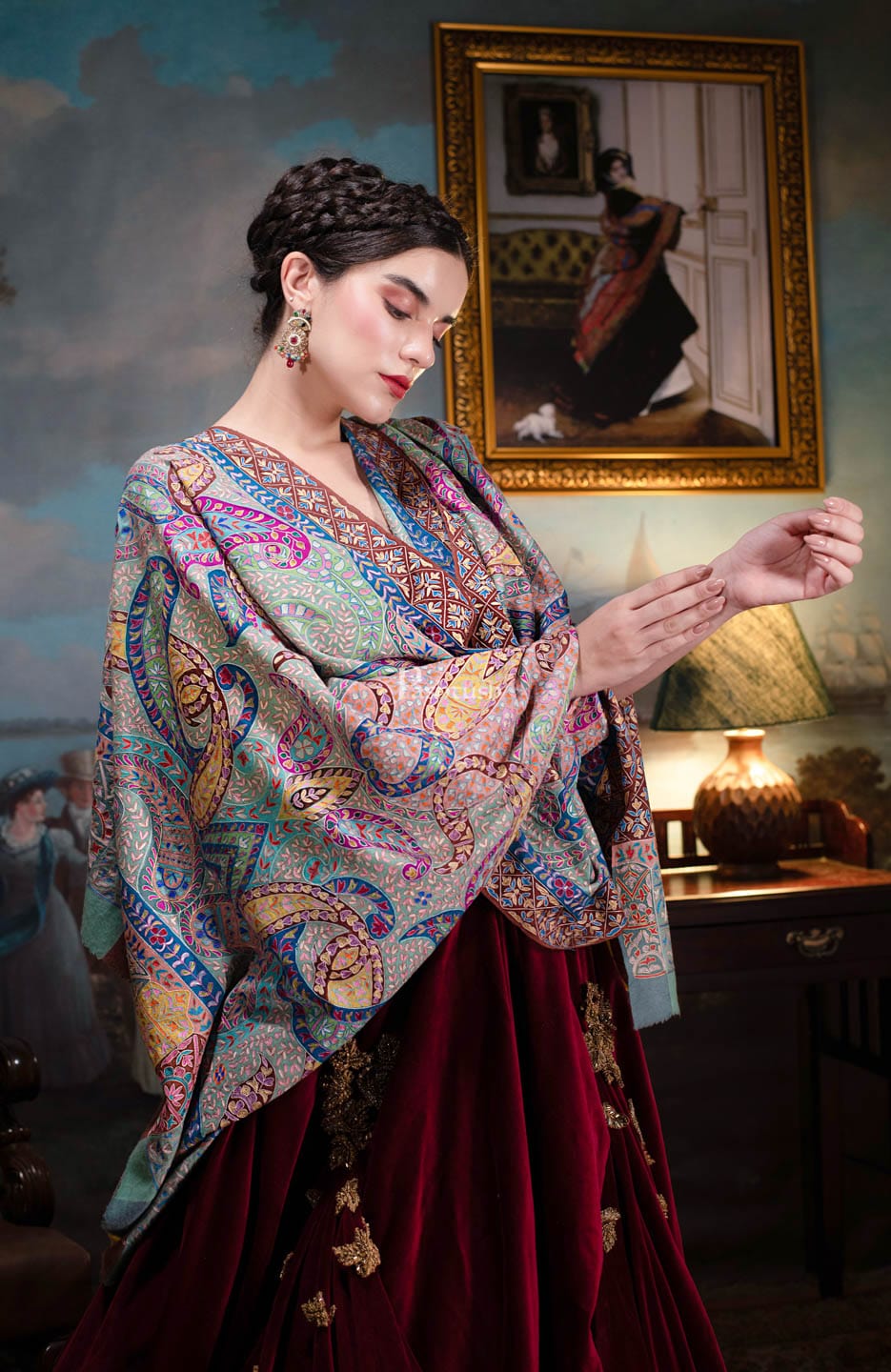 Pashtush Womens Pashmina, Hand Embroidered Hand Painted Kalamkari Shawl, Multicolour