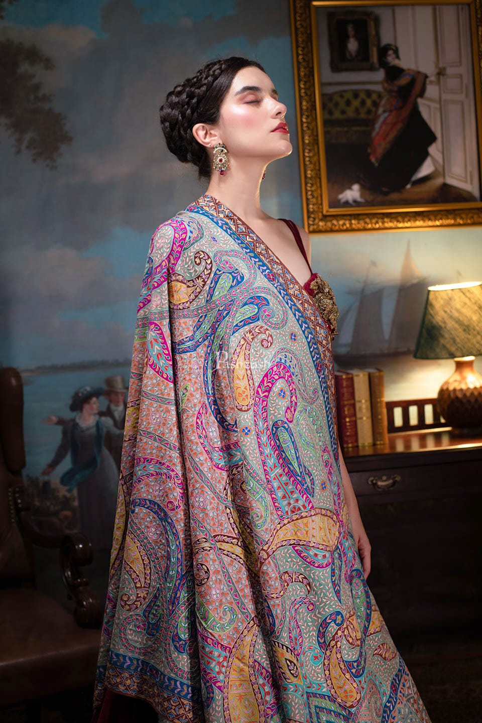 Pashtush Womens Pashmina, Hand Embroidered Hand Painted Kalamkari Shawl, Multicolour - Image 2
