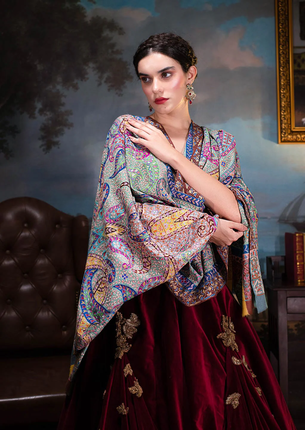Pashtush Womens Pashmina, Hand Embroidered Hand Painted Kalamkari Shawl, Multicolour - Image 3