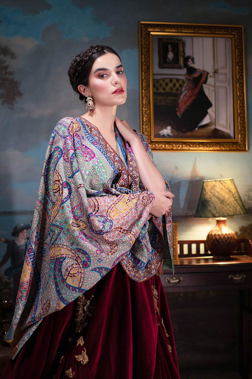 Pashtush Womens Pashmina, Hand Embroidered Hand Painted Kalamkari Shawl, Multicolour - Image 4