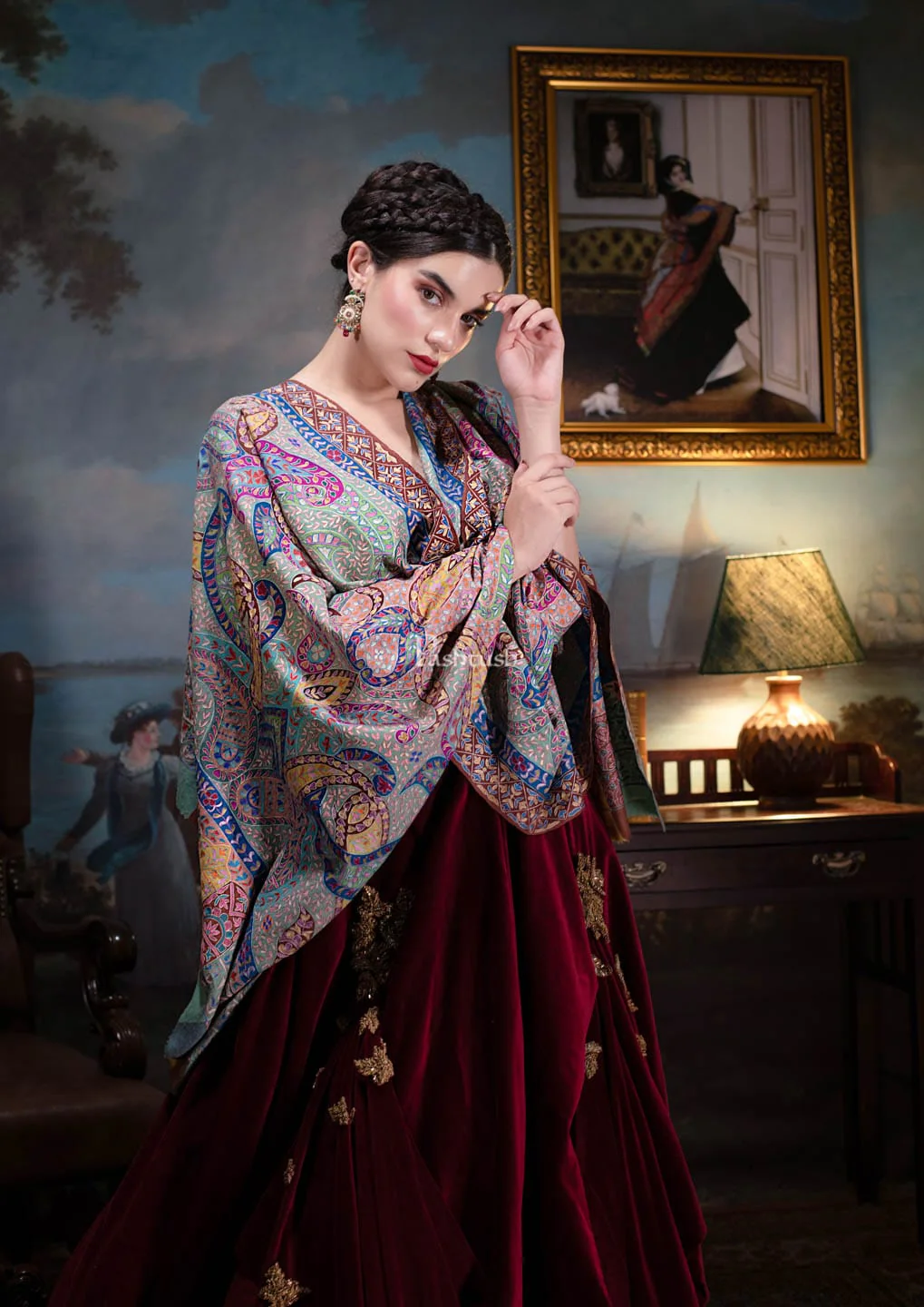 Pashtush Womens Pashmina, Hand Embroidered Hand Painted Kalamkari Shawl, Multicolour - Image 5