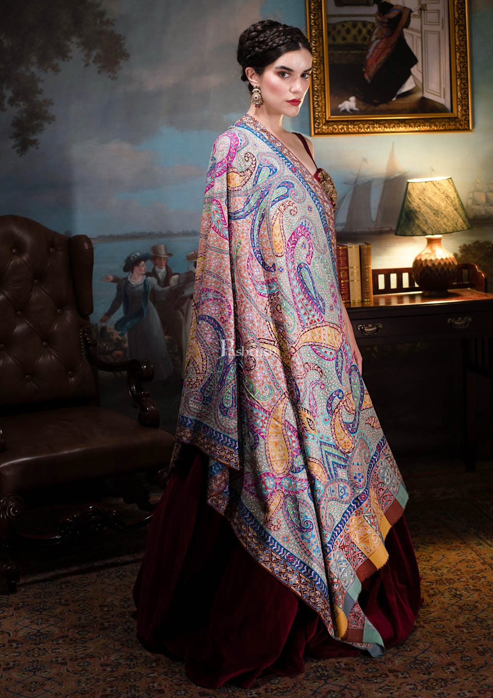 Pashtush Womens Pashmina, Hand Embroidered Hand Painted Kalamkari Shawl, Multicolour - Image 6